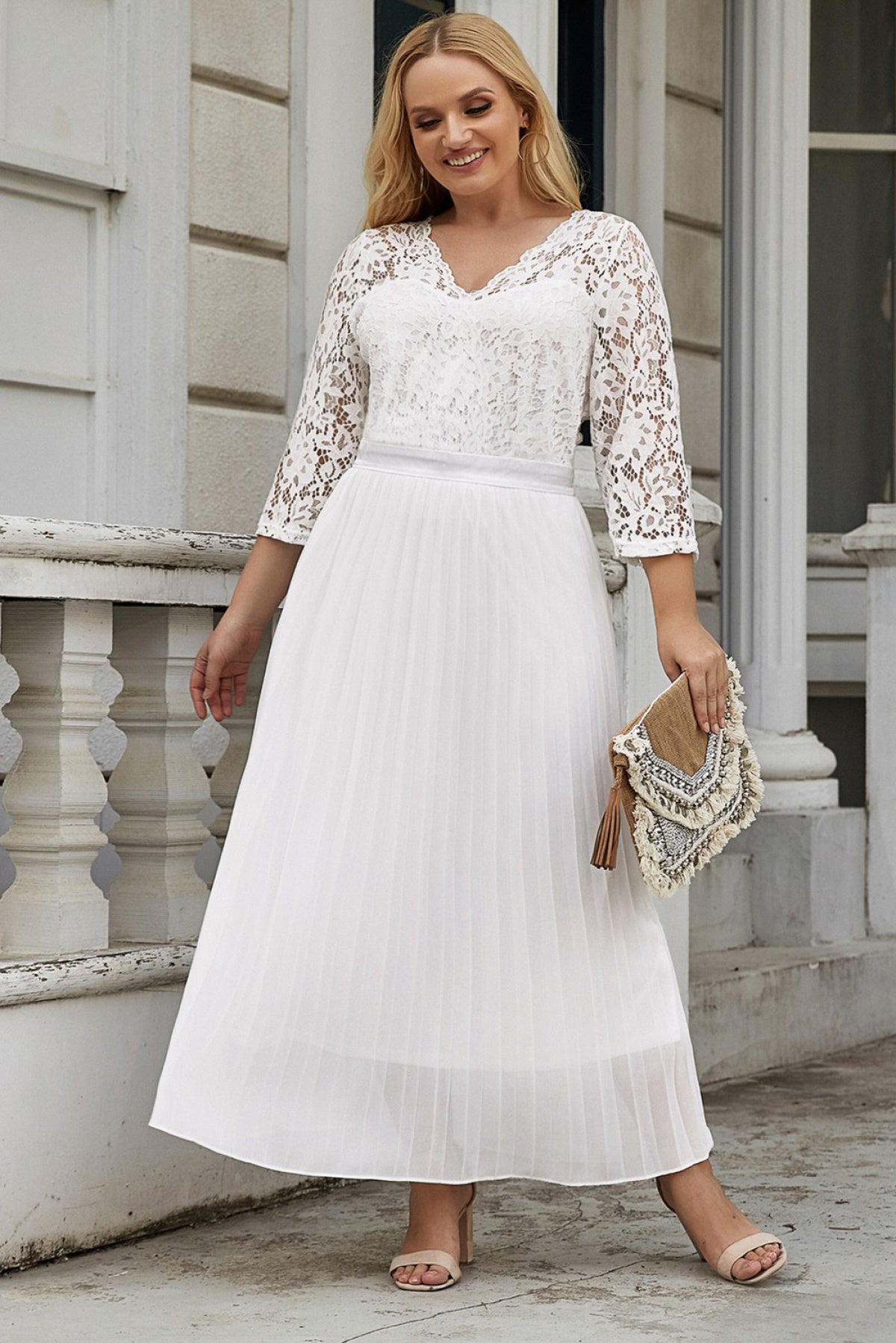 White Lace Scalloped V Neck 3/4 Sleeves Pleated Tulle Plus Maxi Dress