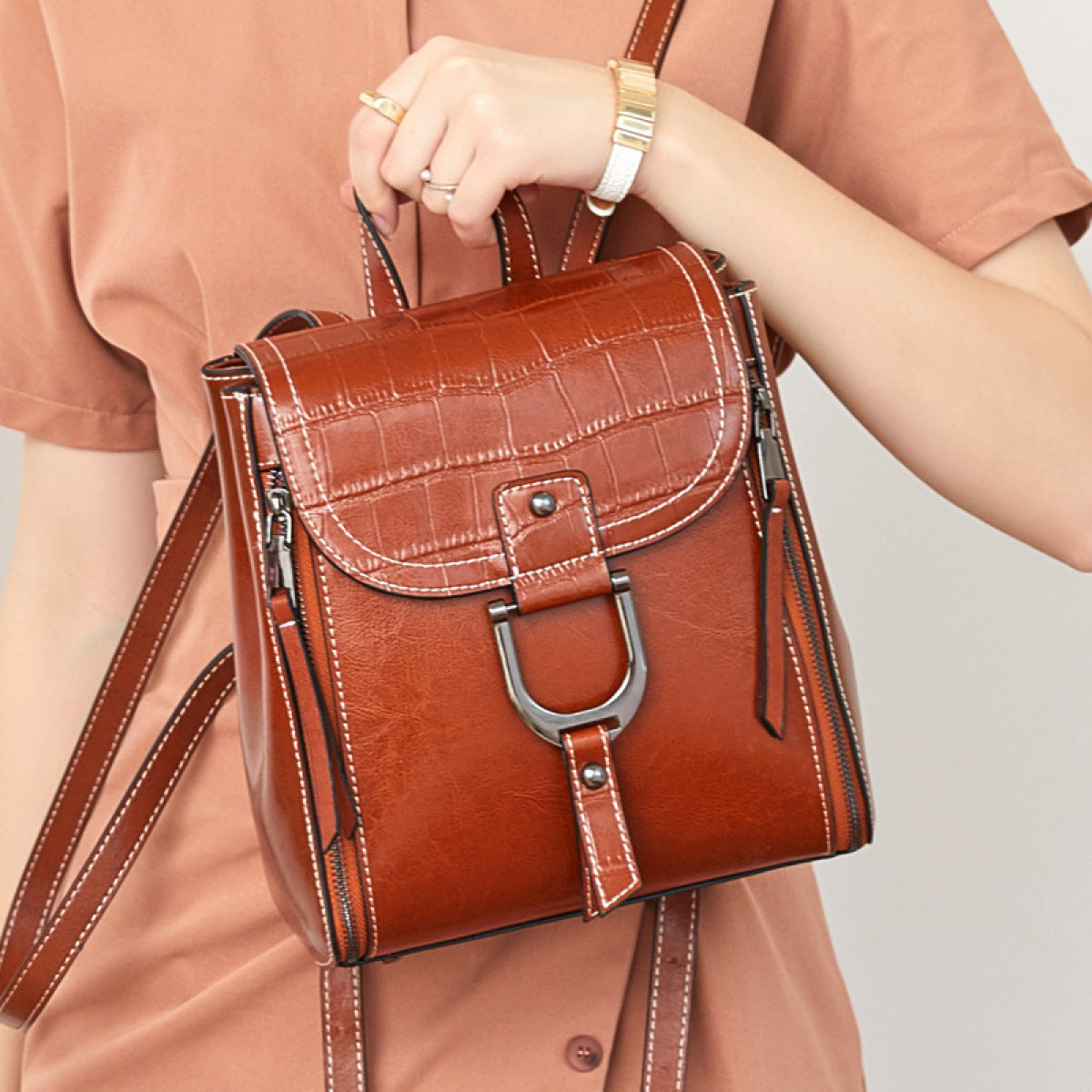 Faux Leather Buckle Backpack