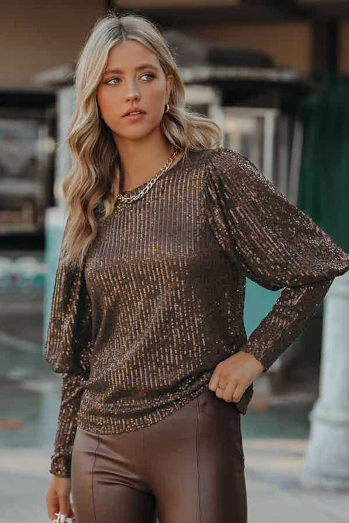 Brown Cuffed Sequin Top