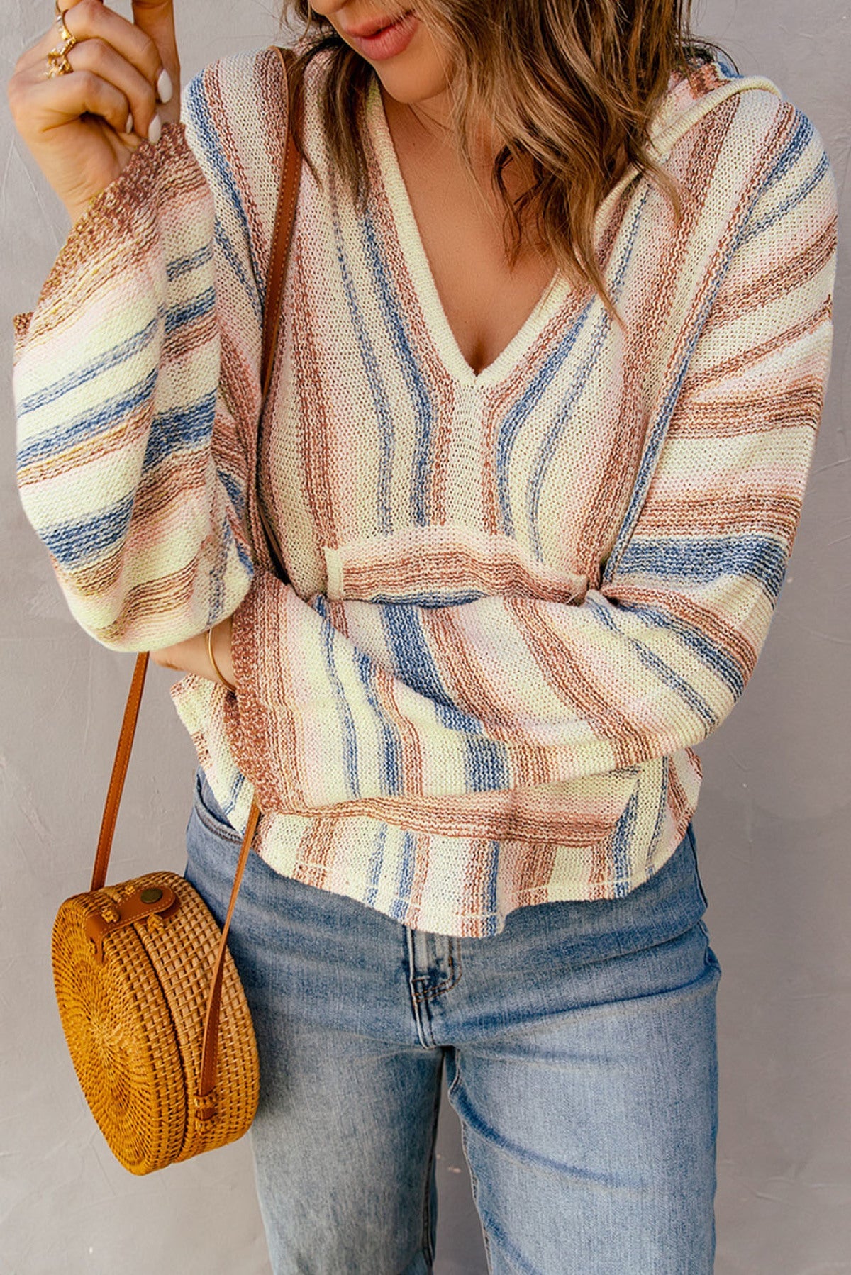 Multicolor Striped Knit Kangaroo Pocket Hooded Sweater