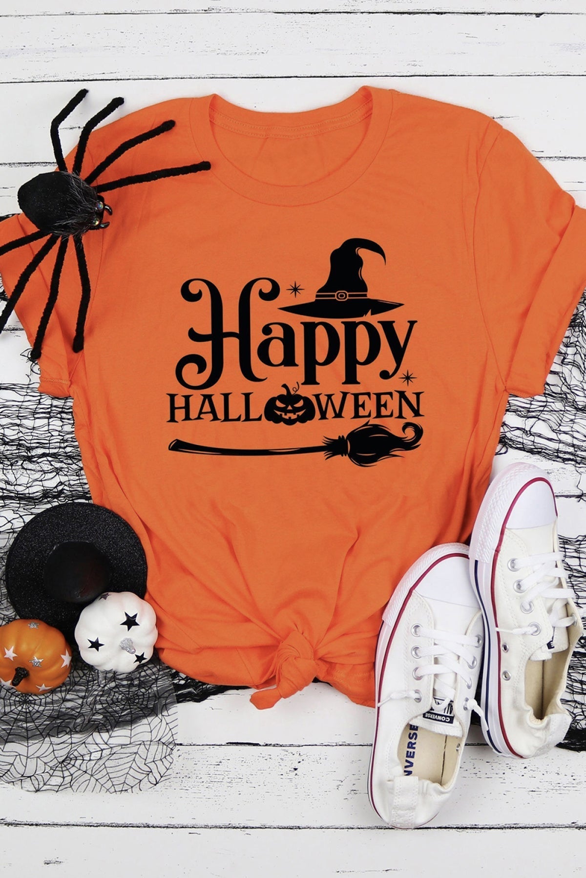 Orange Happy Halloween Graphic Print Short Sleeve T Shirt