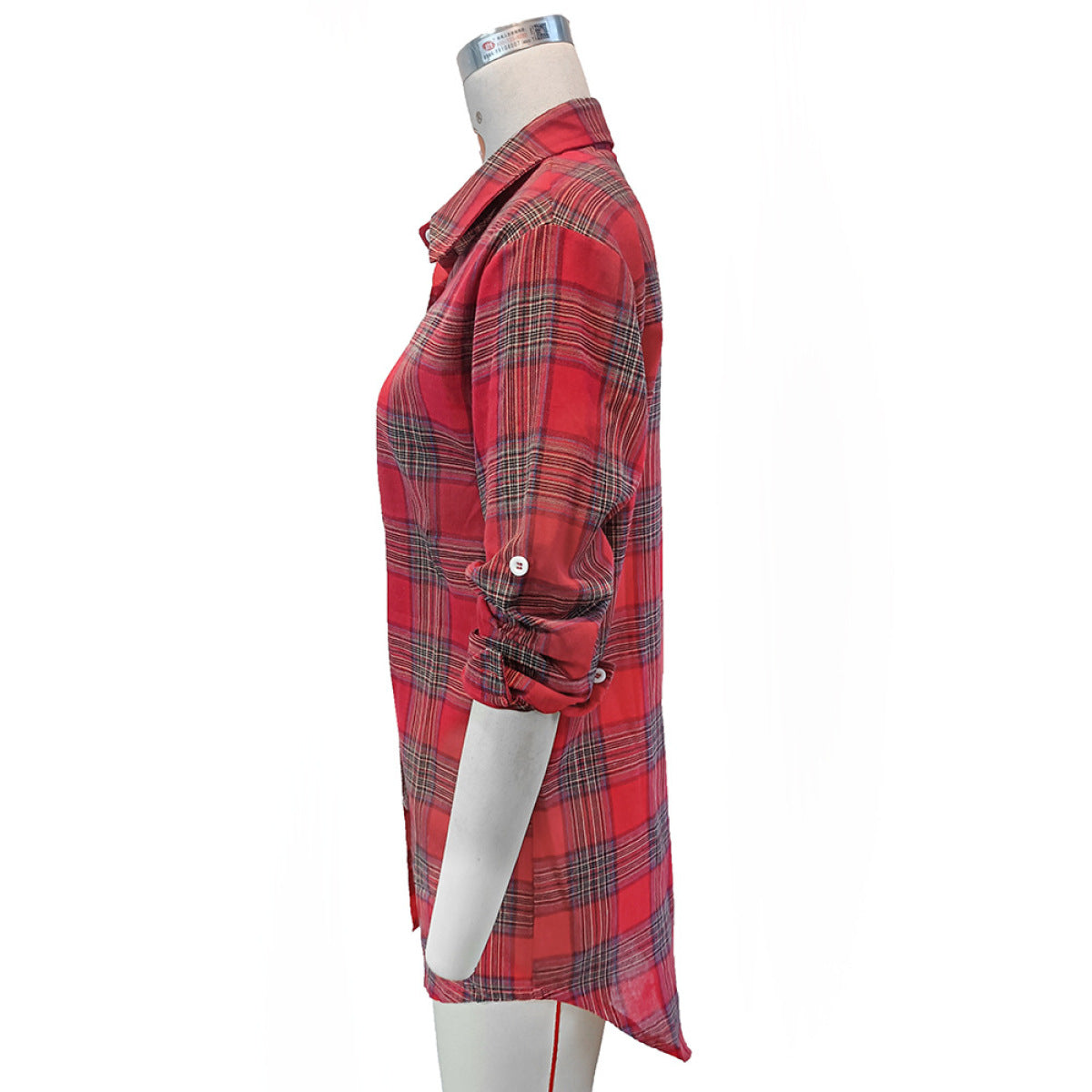 Casual Red Plaid Single-Breasted Long-Sleeved Blouse