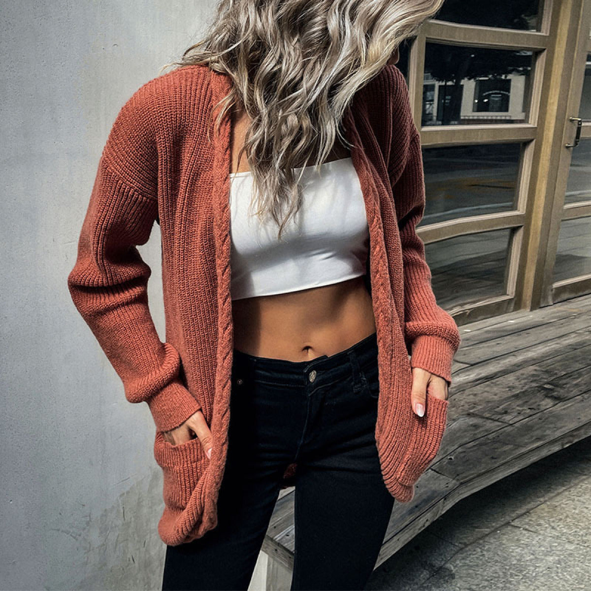 Long Sleeve Solid Cable Knit Cardigan with Pockets