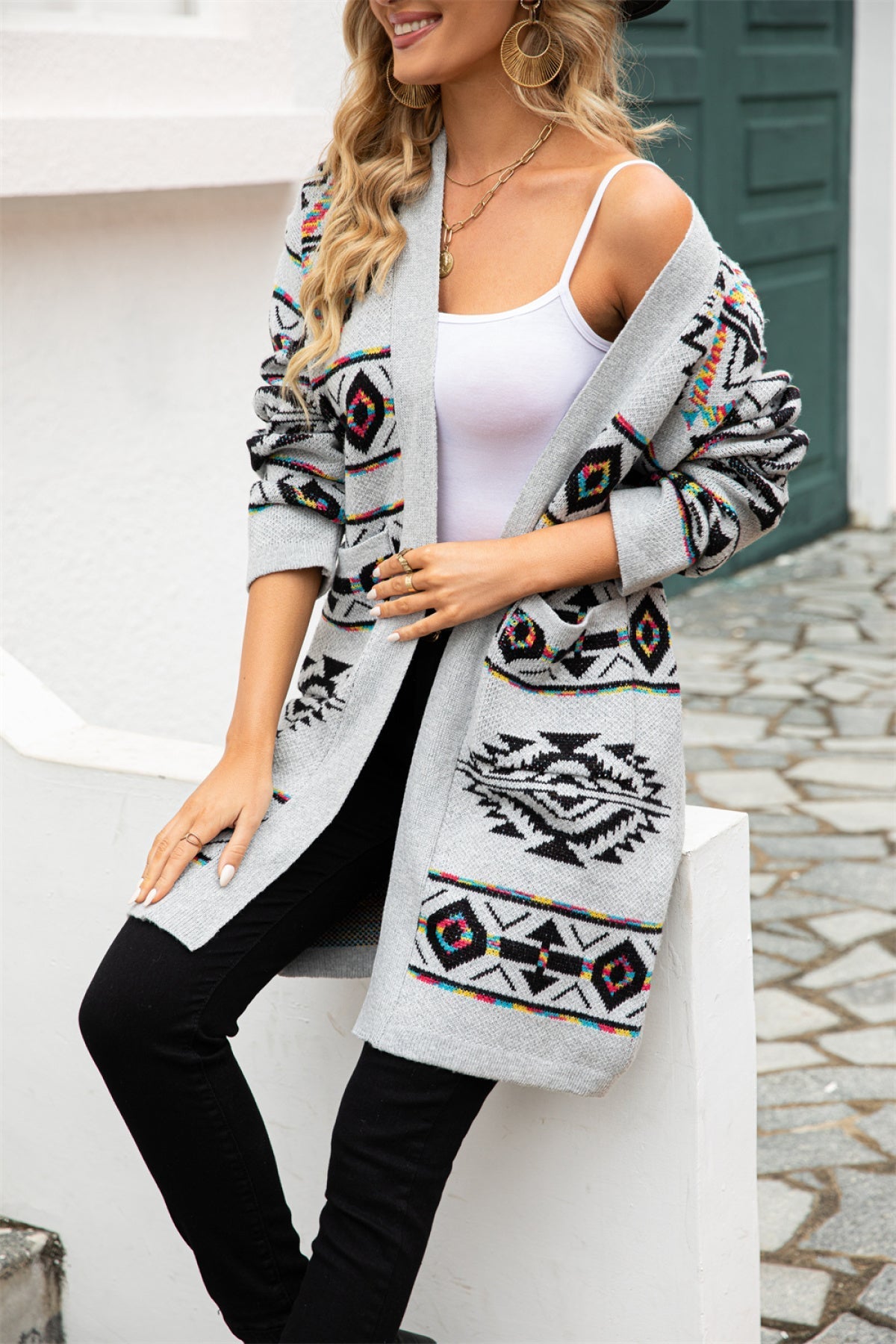 Long Sleeve Geometry Print Sweater Cardigan With Pockets
