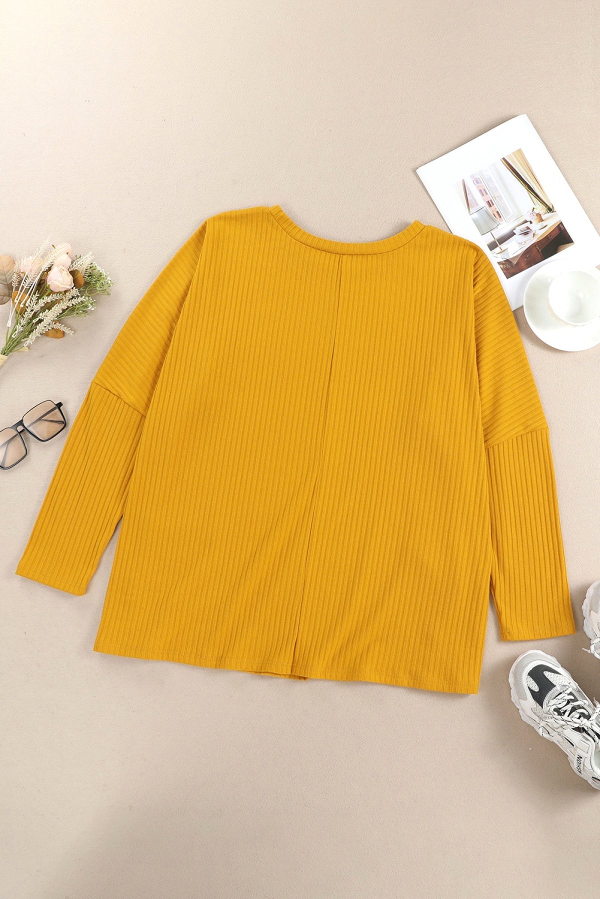 Yellow Plus Size Striped Textured Pocketed Top