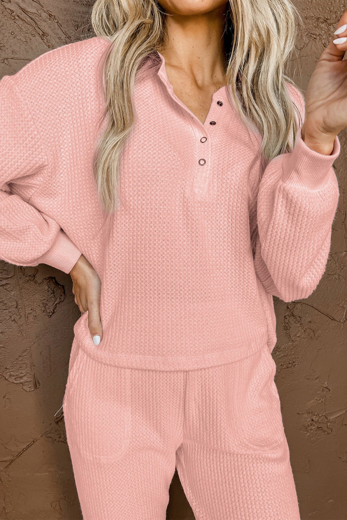 Pink Thermal Waffle Knit Long Sleeve Loungewear Set