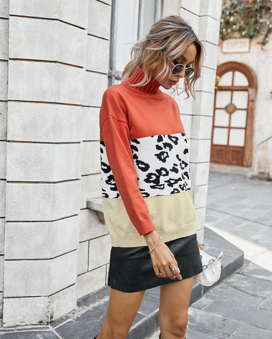 Turtleneck Colorblock Leopard Print Sweater
