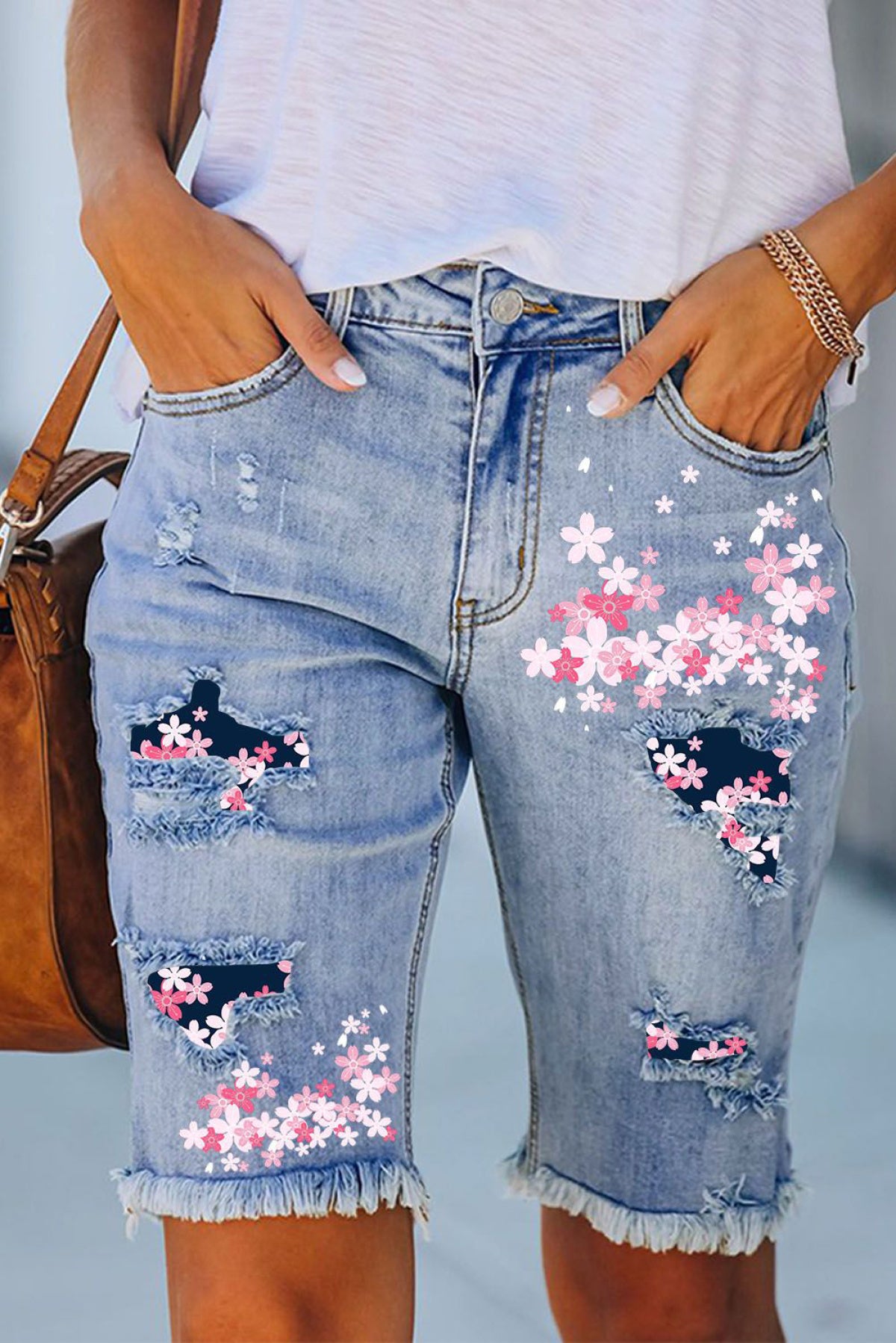 Floral Patchwork Ripped Denim Shorts