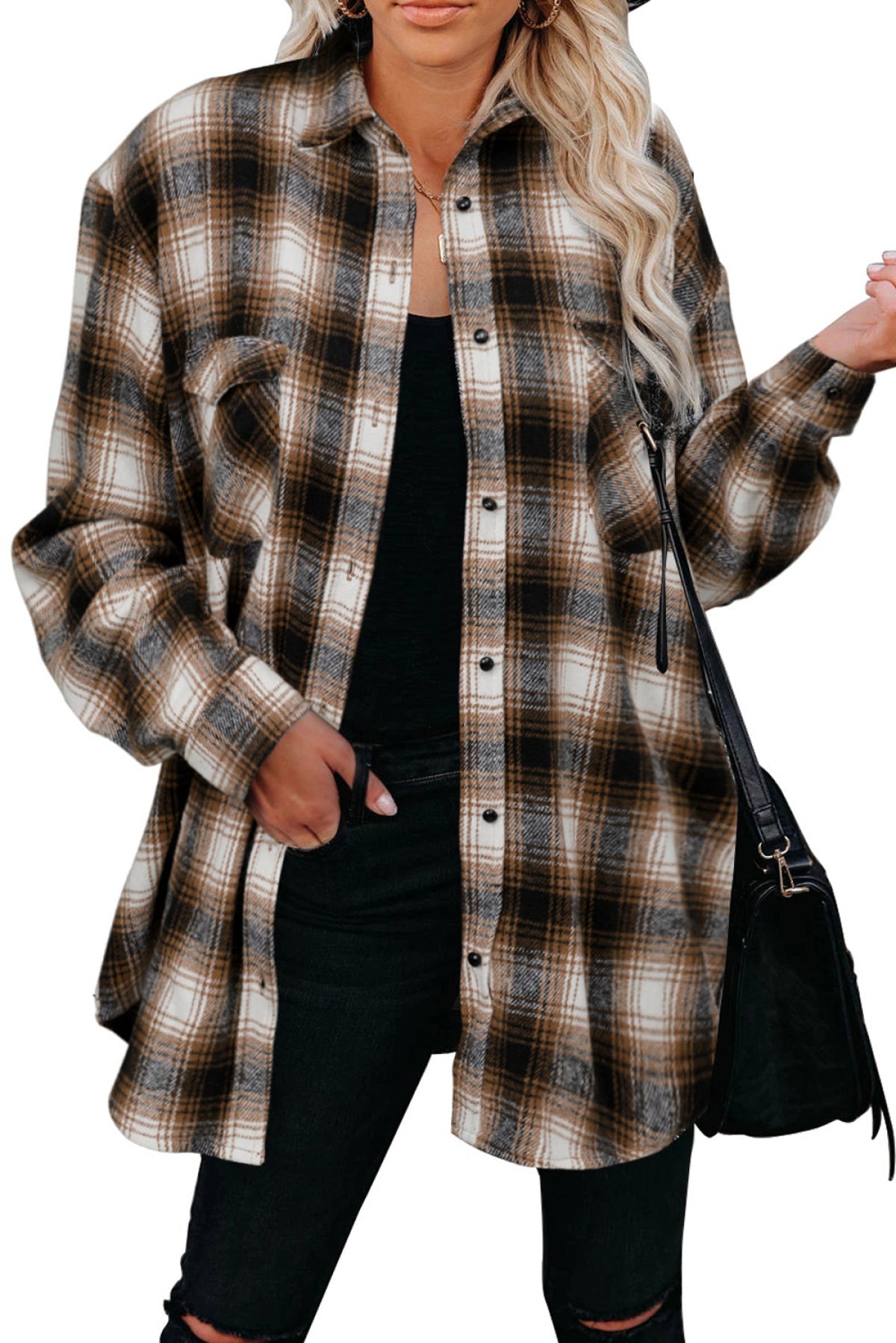 Brown Buttons Pocketed Plaid Shacket
