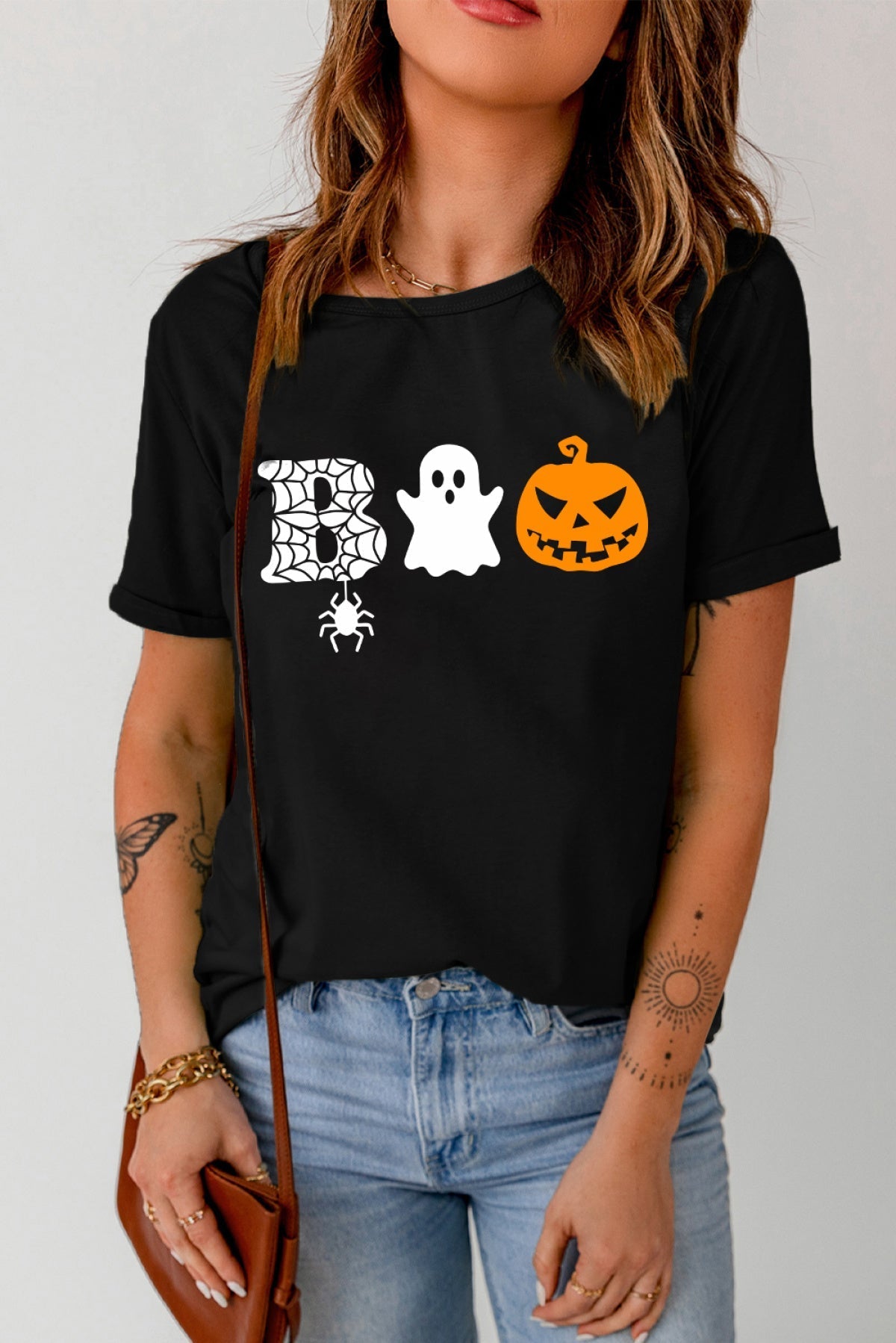 Black BOO Halloween Graphic Print Short Sleeve T Shirt