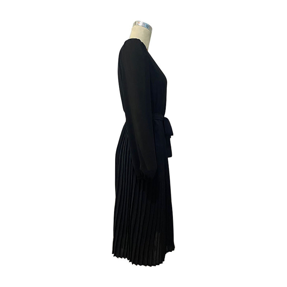 Black V-Neck  Tie Waist Pleated Midi Dress