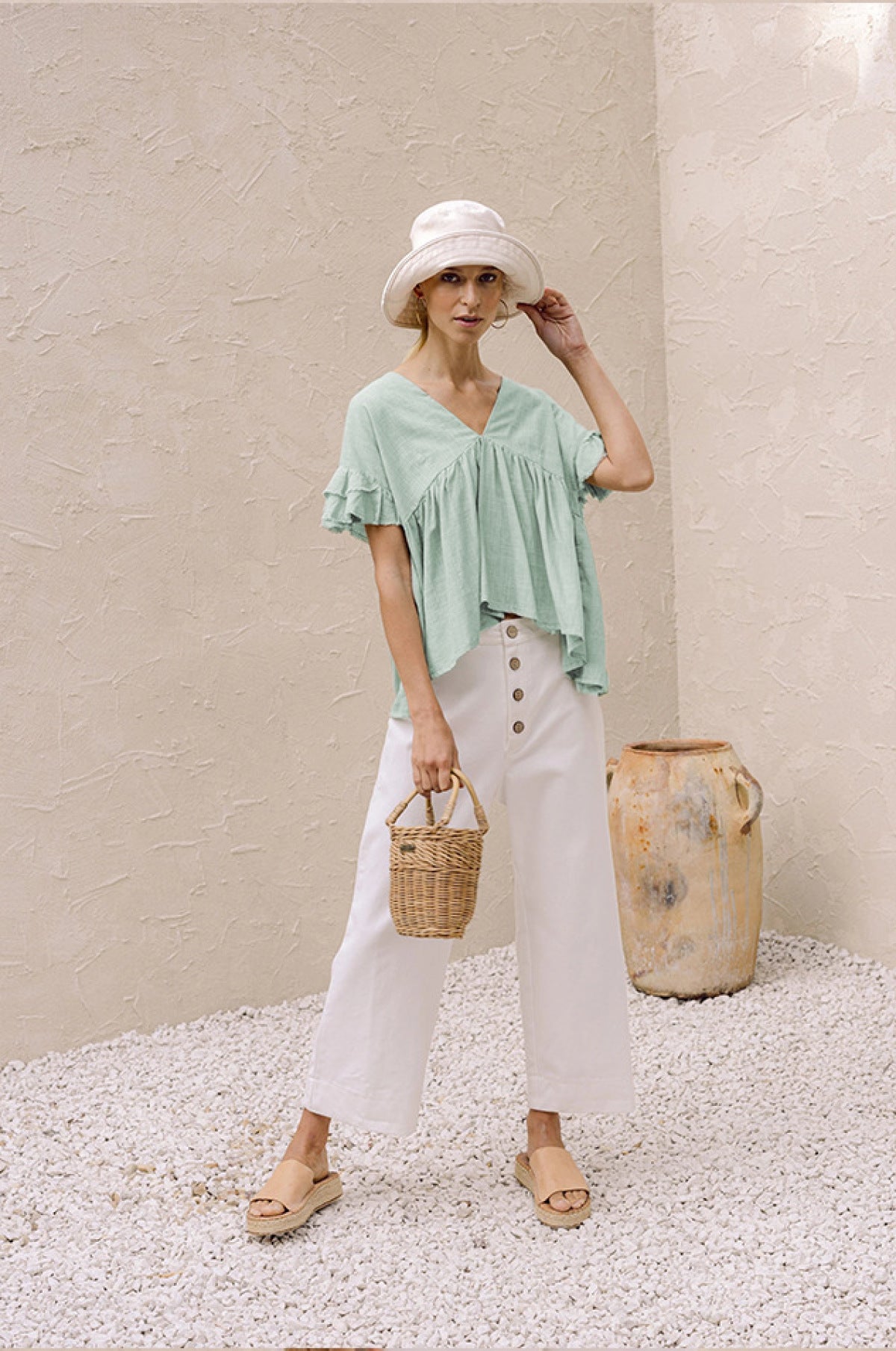 Deep V Solid Color Ruffle Blouse