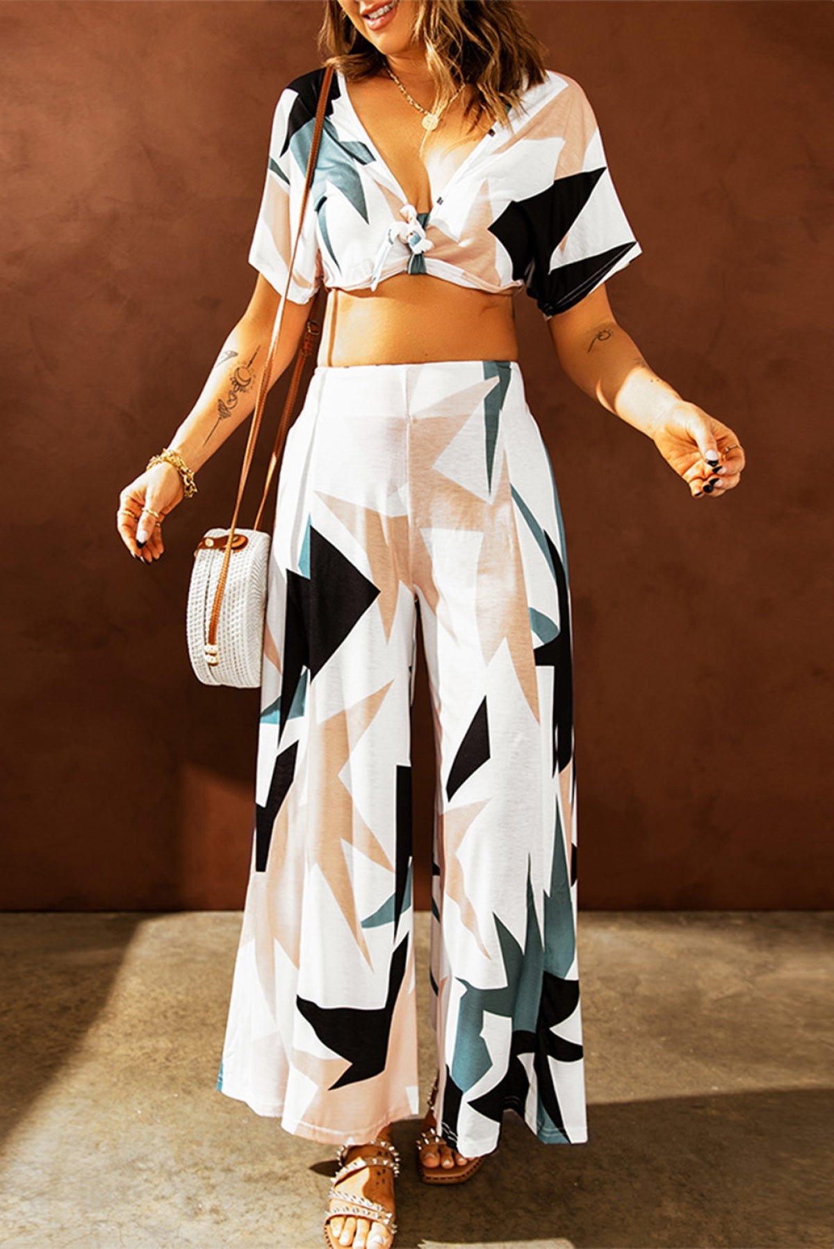 Tropical Print Crop Top And Flare Wide Leg Pants Set