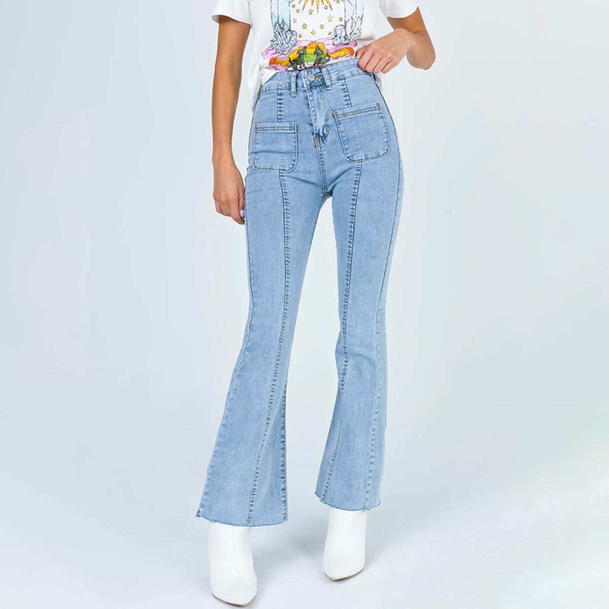 Flared Mid-Waist Slim Jeans With Pocket