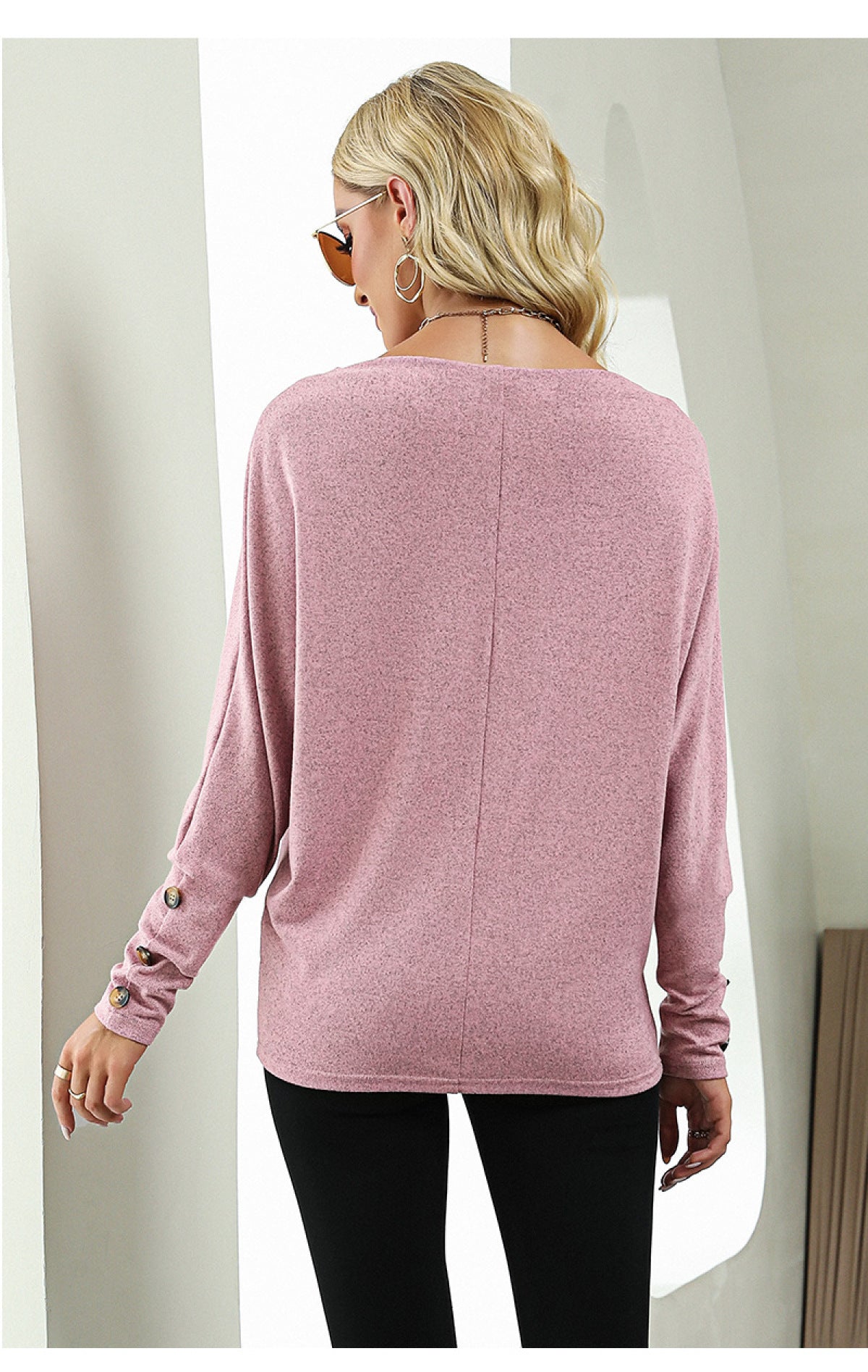 Crew Neck Batwing Sleeve Blouse With Buttons