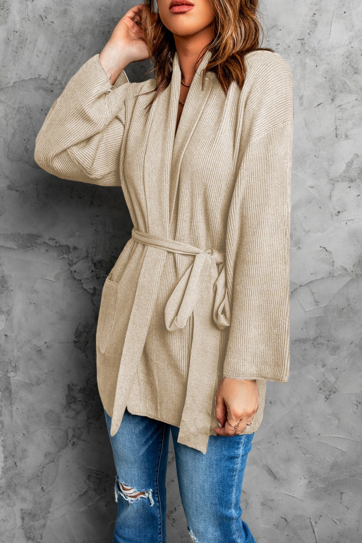 Robe Style Rib Knit Pocketed Cardigan With Belt