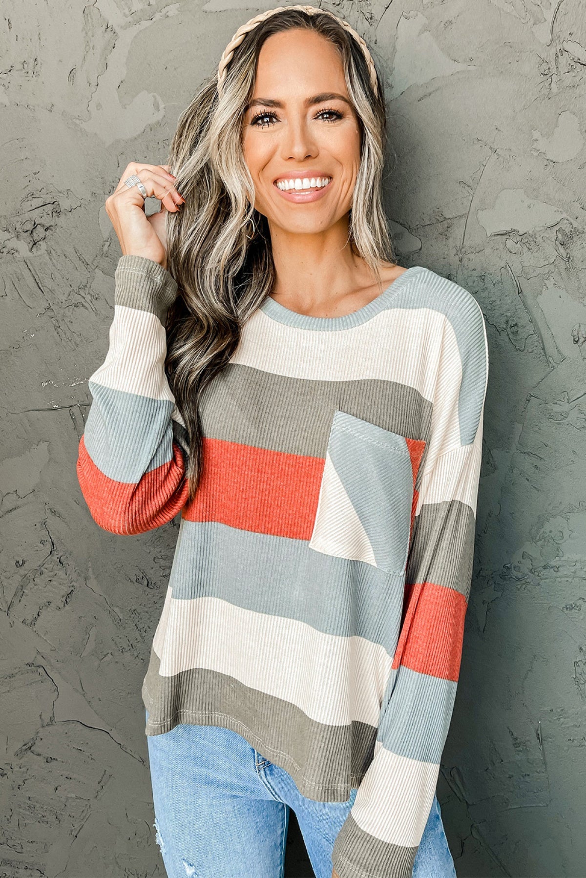 Color Block Ribbed Long Sleeve Top With Pocket