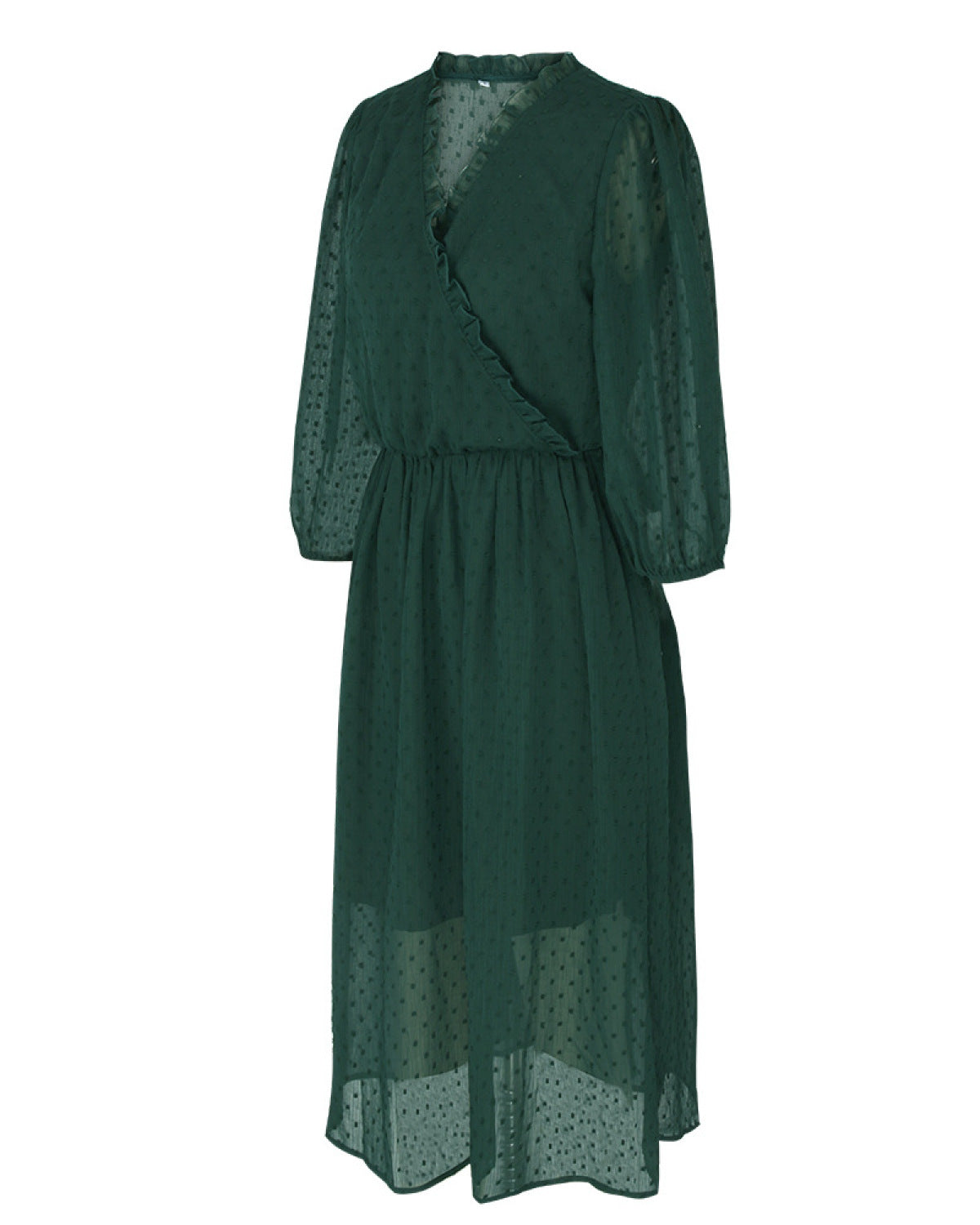Solid Long Sleeve Frilled Trim Elastic Waist Midi Dress