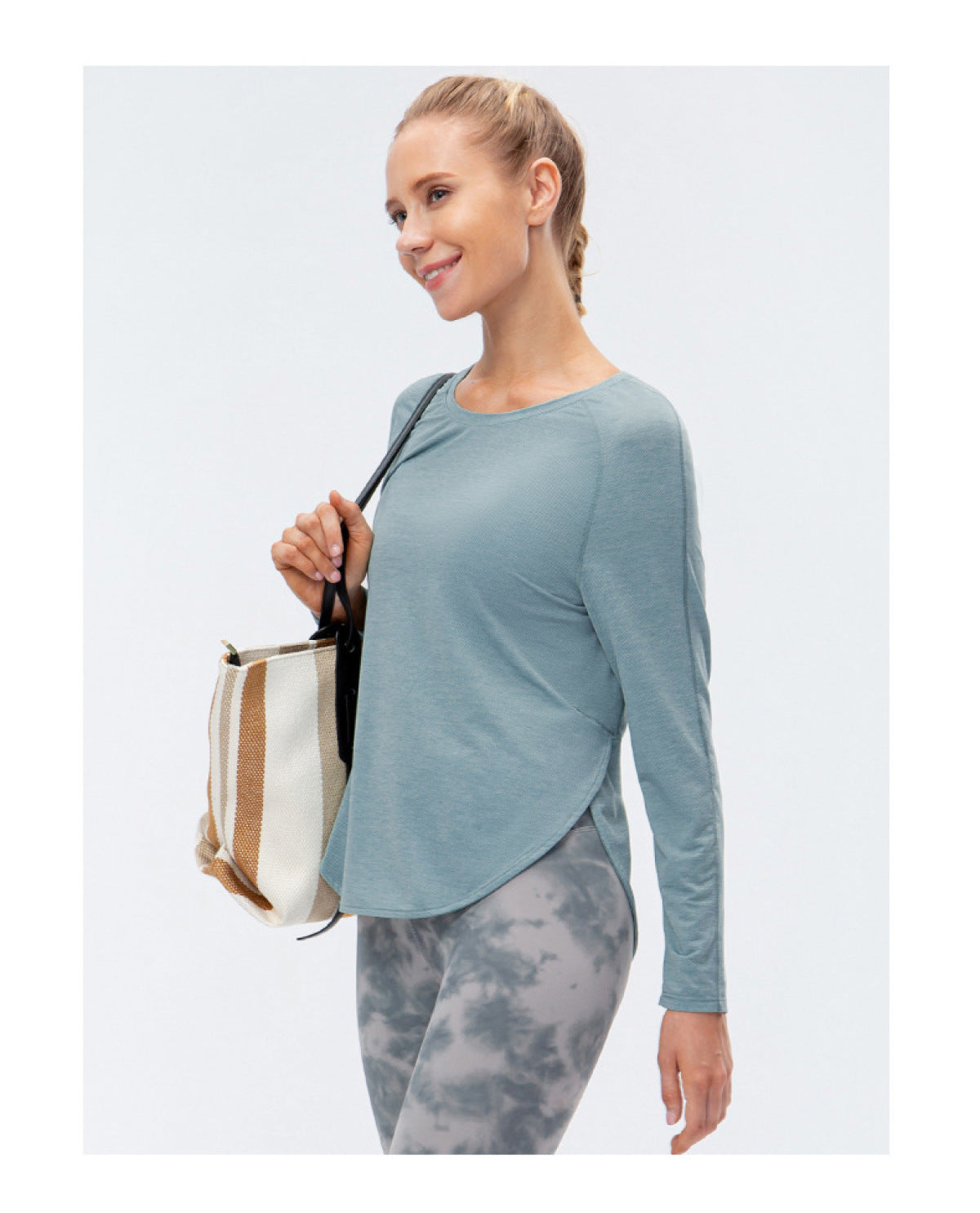 Round Neck Long Sleeve Solid Slit Active Tops