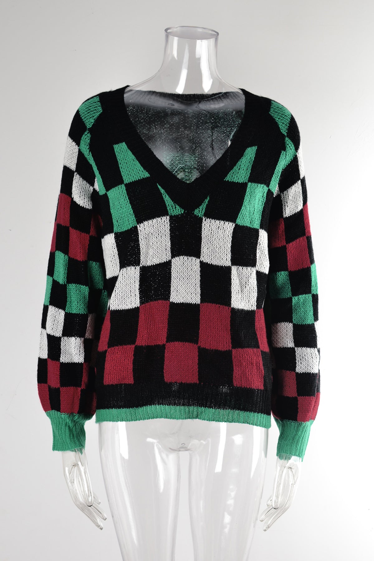 V-Neck Plaid Knitted Pullover Sweater
