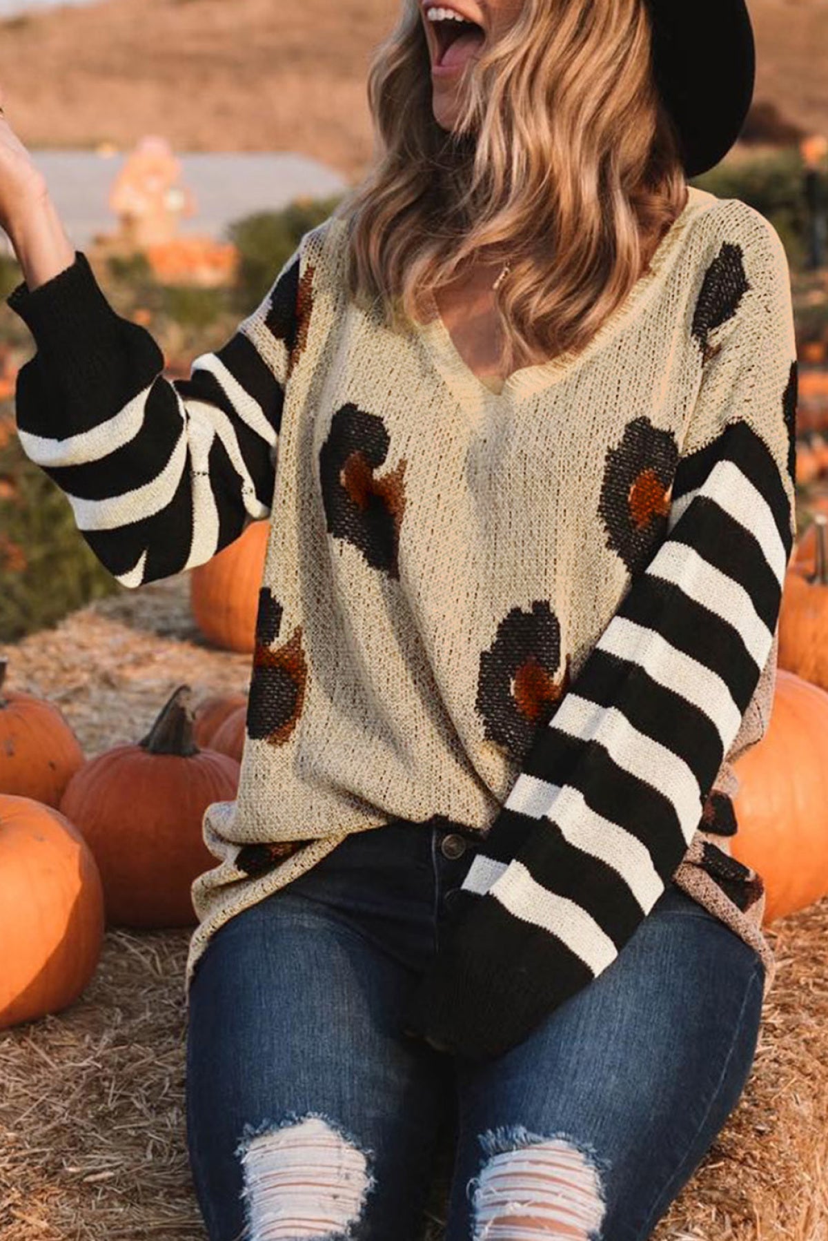 Striped Sleeves Patchwork Leopard Sweater