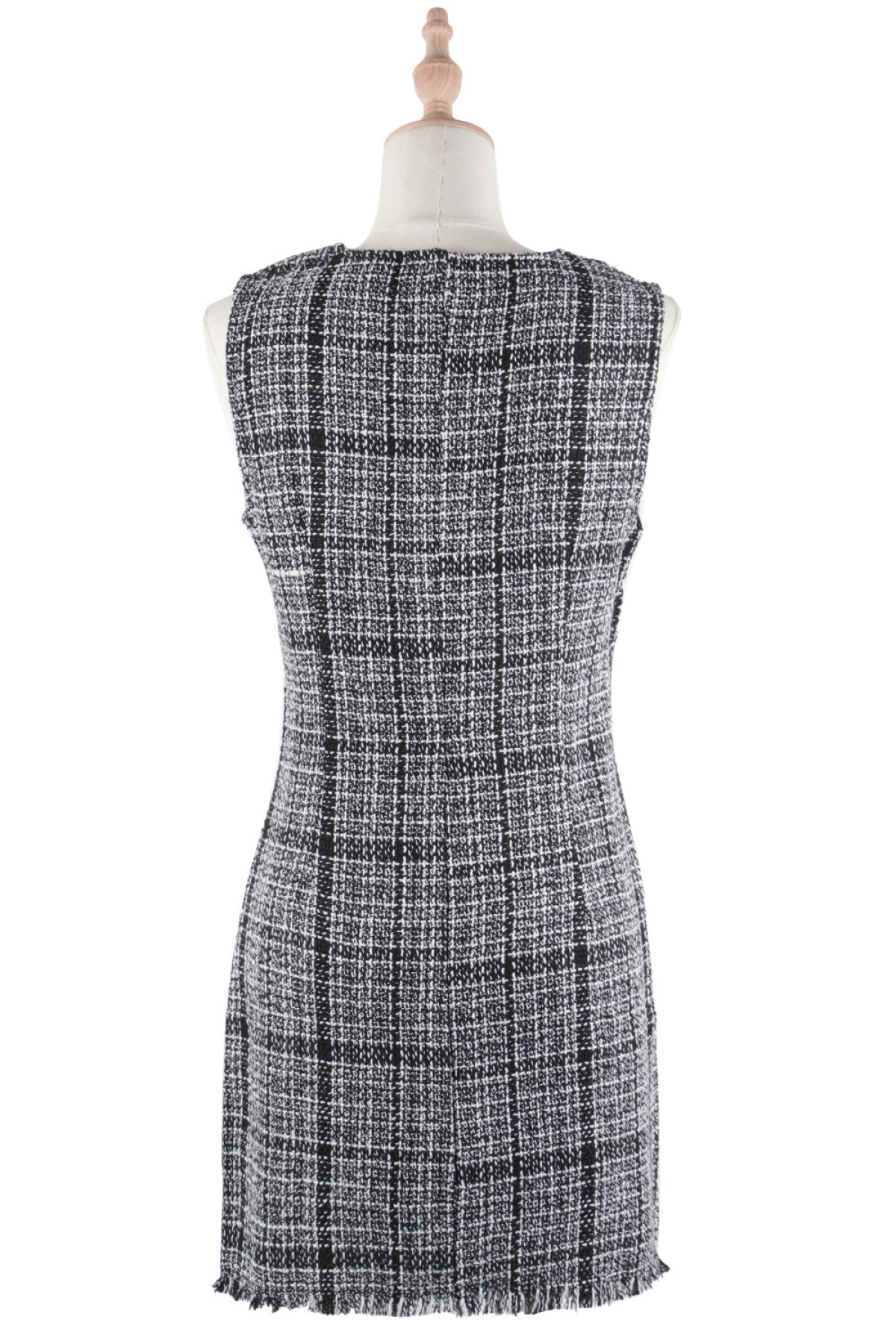 Deep V Sleeveless Double-Breasted Fringe Plaid Mini Dress