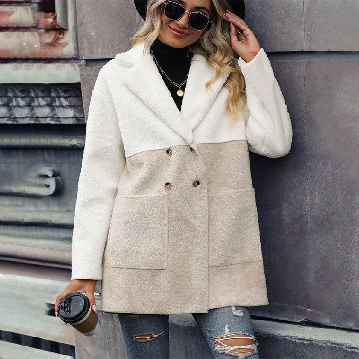 Casual Colorblock Botton Down Coat With Pocket