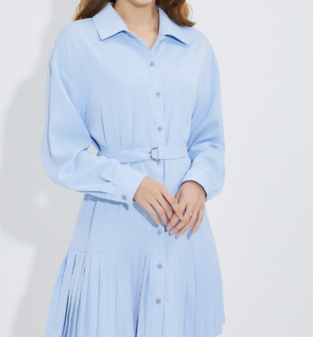 Light Blue Button Down Long Sleeve Shirt Dress with Belt