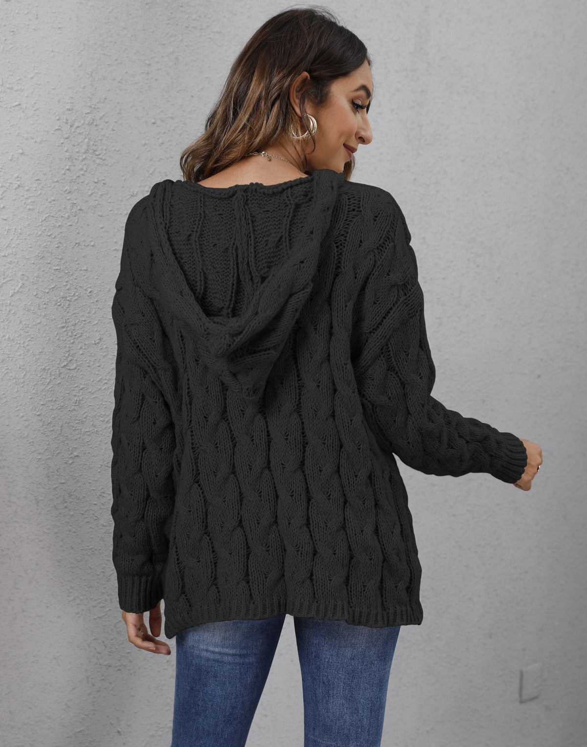 Hooded Long Sleeve Cable Knitted Sweater