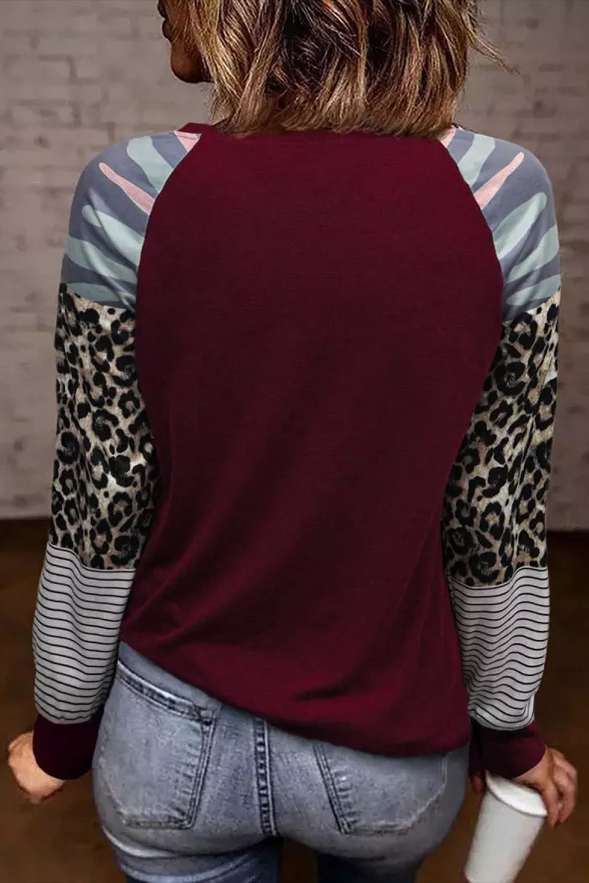 Burgundy Camouflage Striped Leopard Splicing Blouse