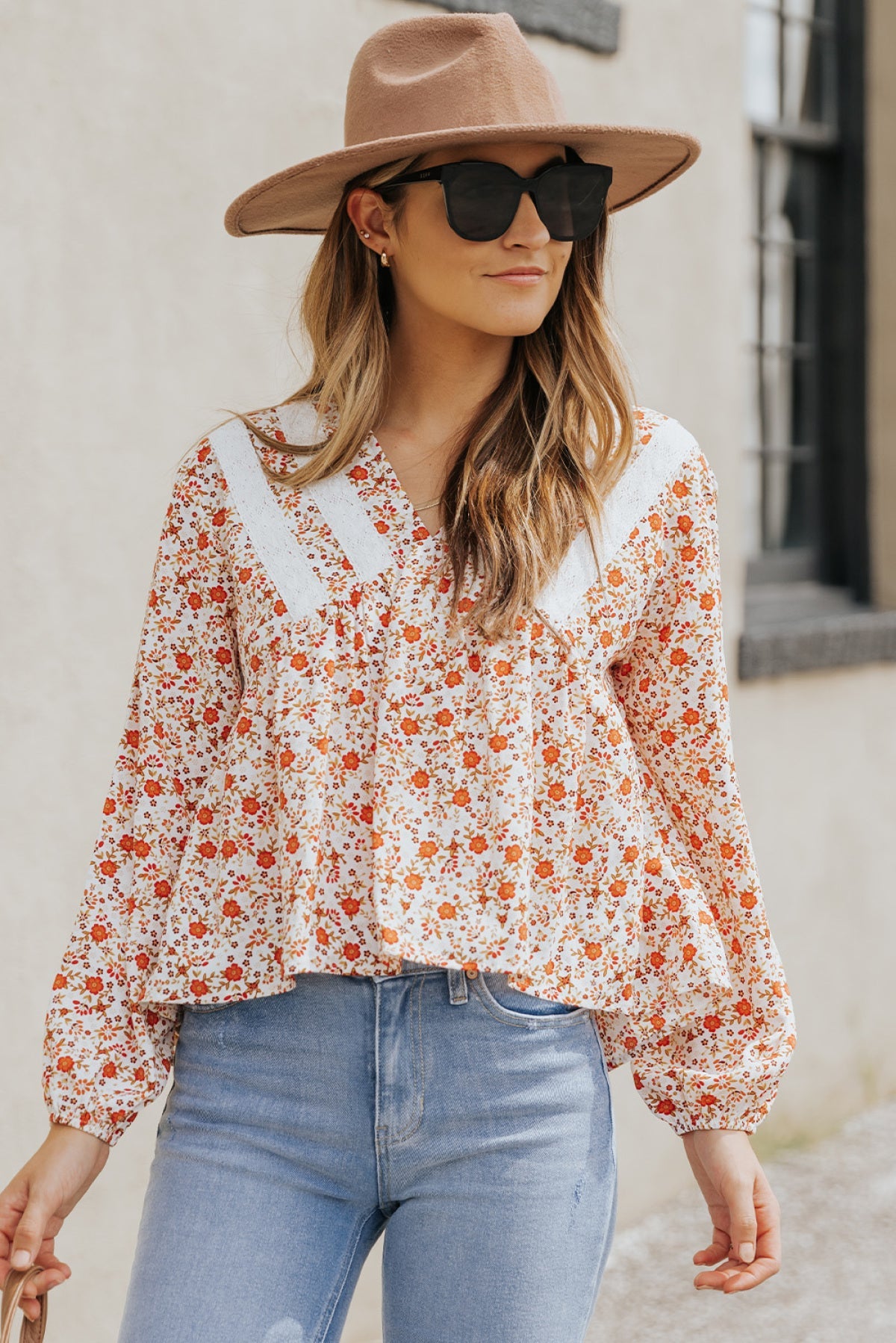 Red Floral Print Lace Contrast V Neck Blouse
