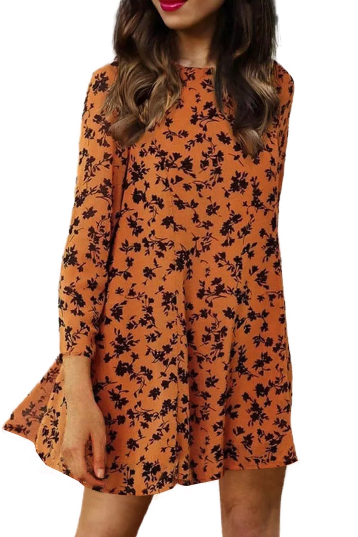 Orange Floral Print O-Neck Long Sleeve Mini Dress