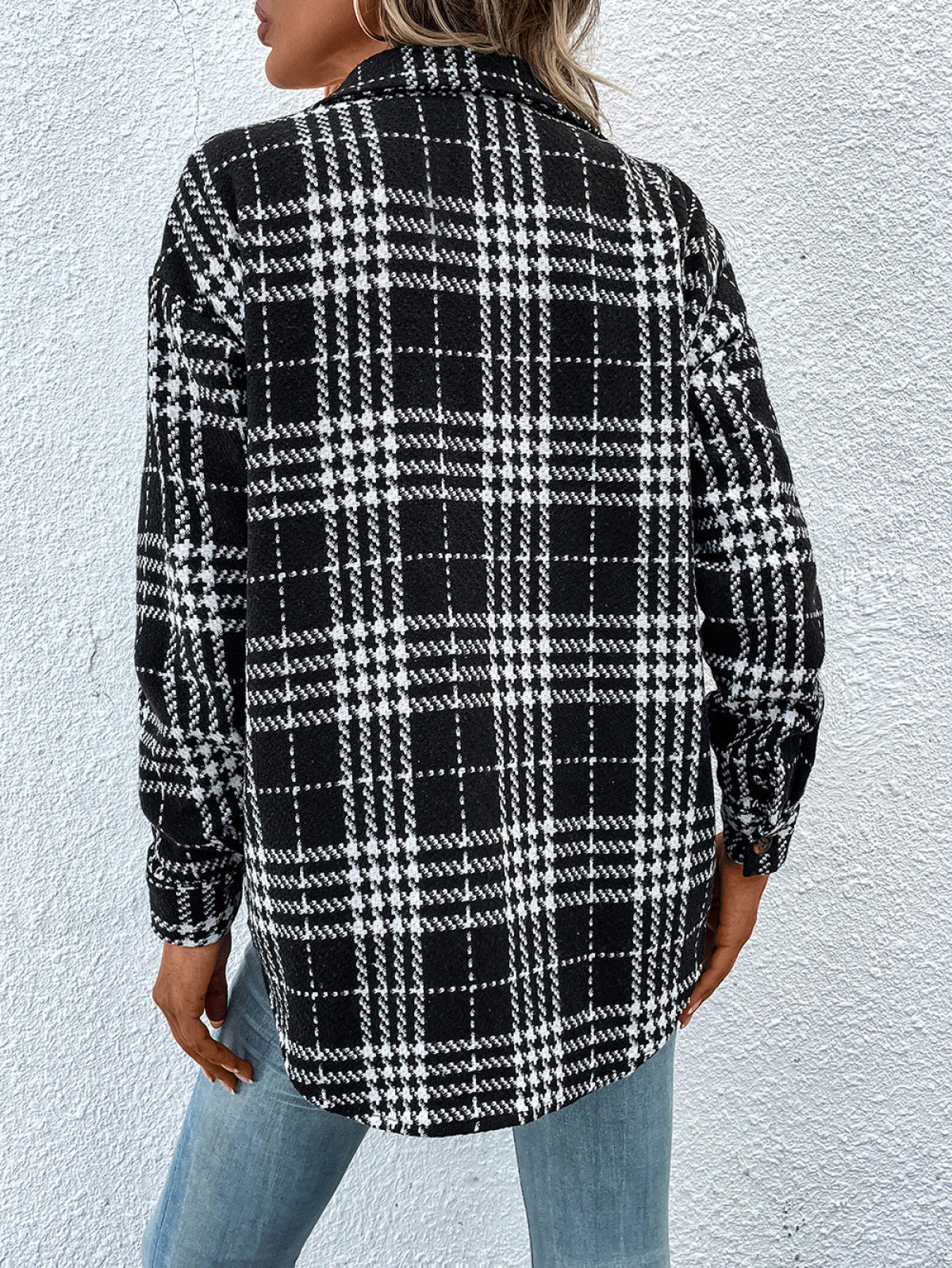 Collared Neck Single-Breasted Plaid Coat With Pocket