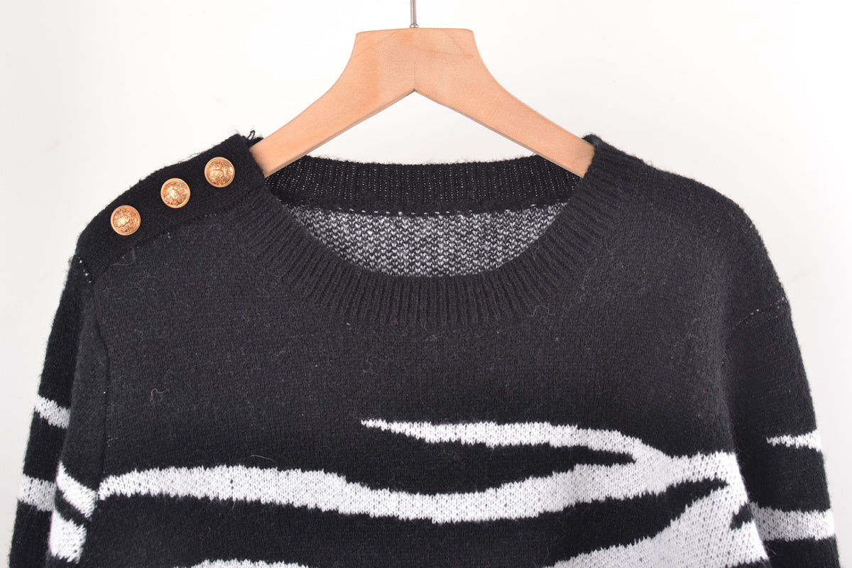 Pullover Knitted Striped Round Neck Single-Breasted Sweaters