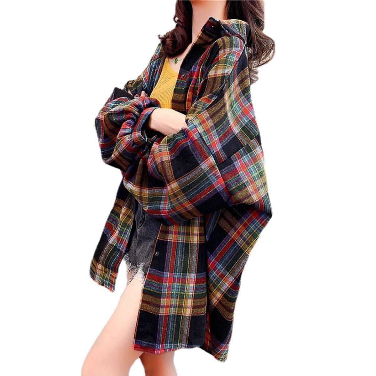 Loose Plaid Long-Sleeved Single-Breasted Blouse