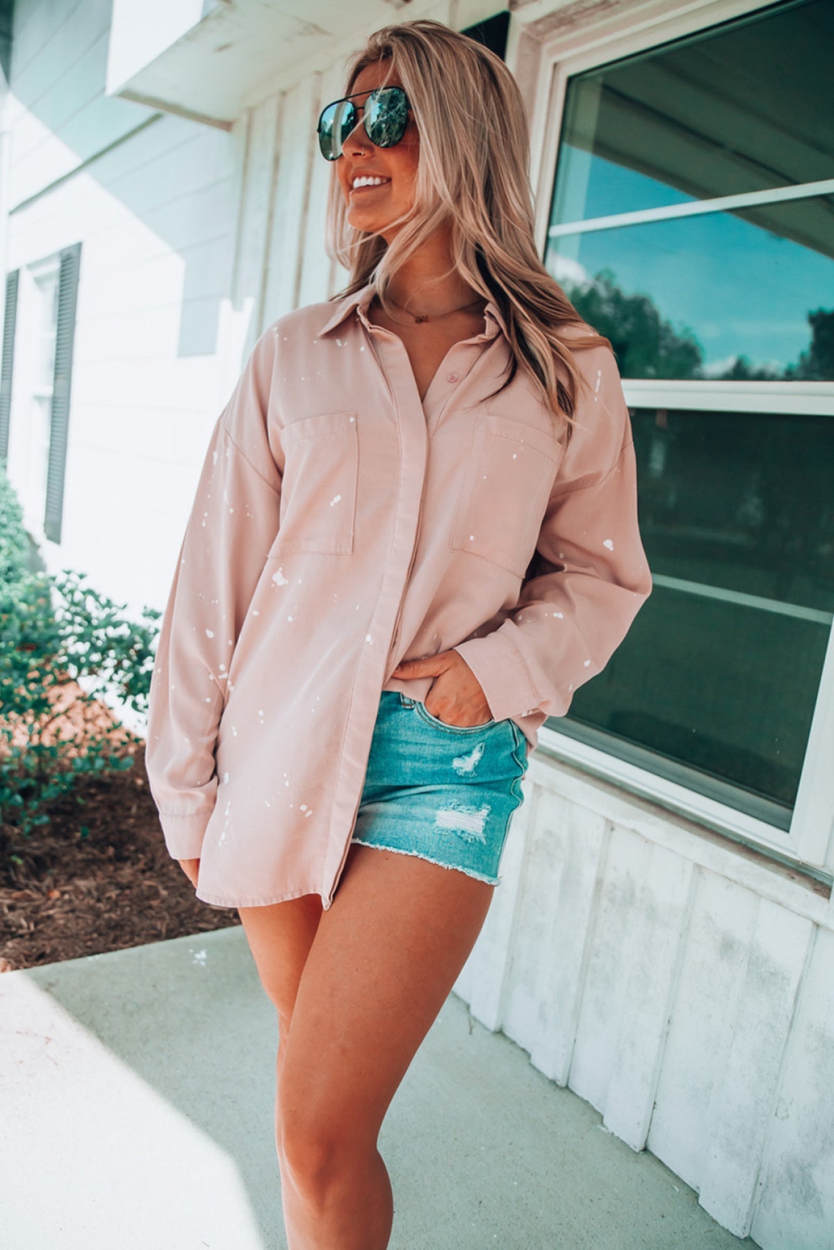 Pink Oversized Bleach Stained Shirt With Chest Pockets