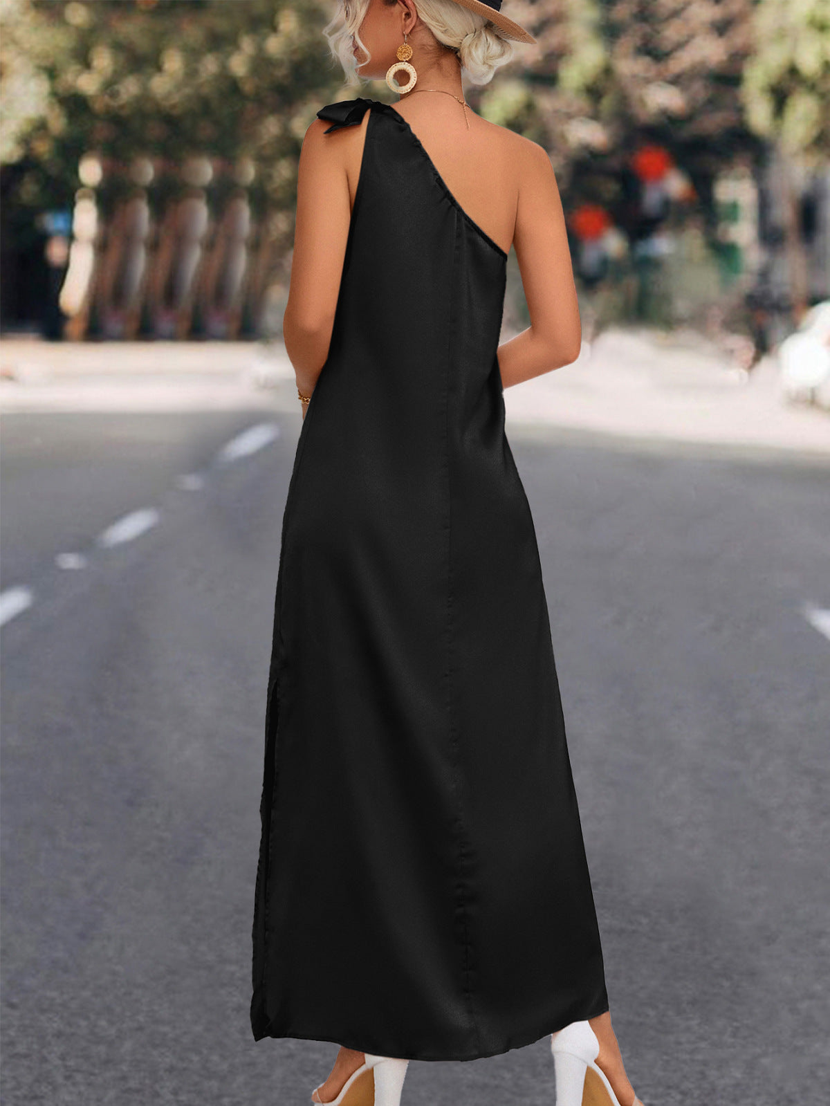 Solid One-shoulder Slit Maxi Dress