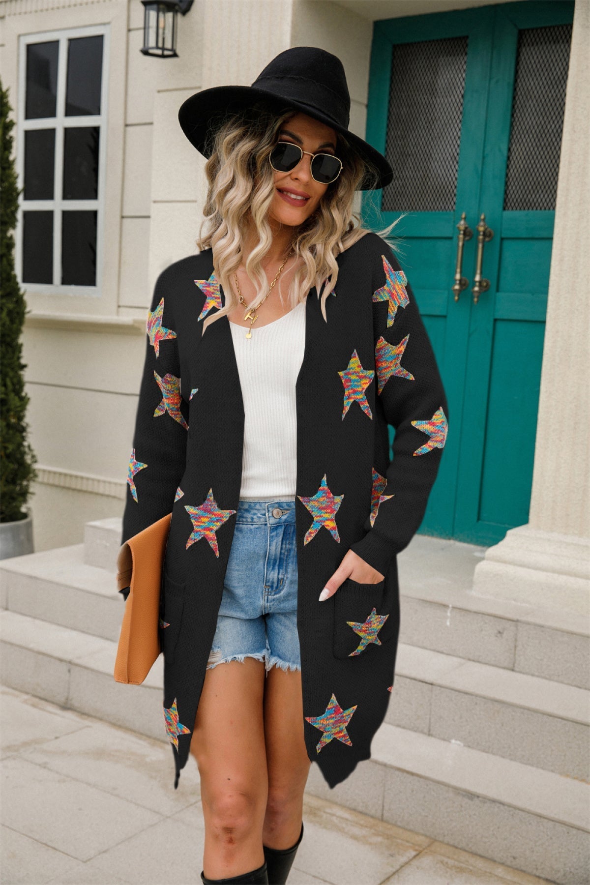 Star Graphics Knit Sweater Cardigan With Pockets