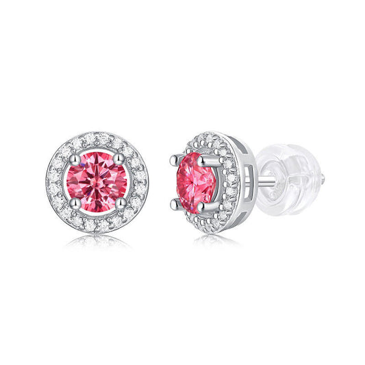 Pink Round-Shaped 925 Sterling Silver Moissanite Stud Earrings