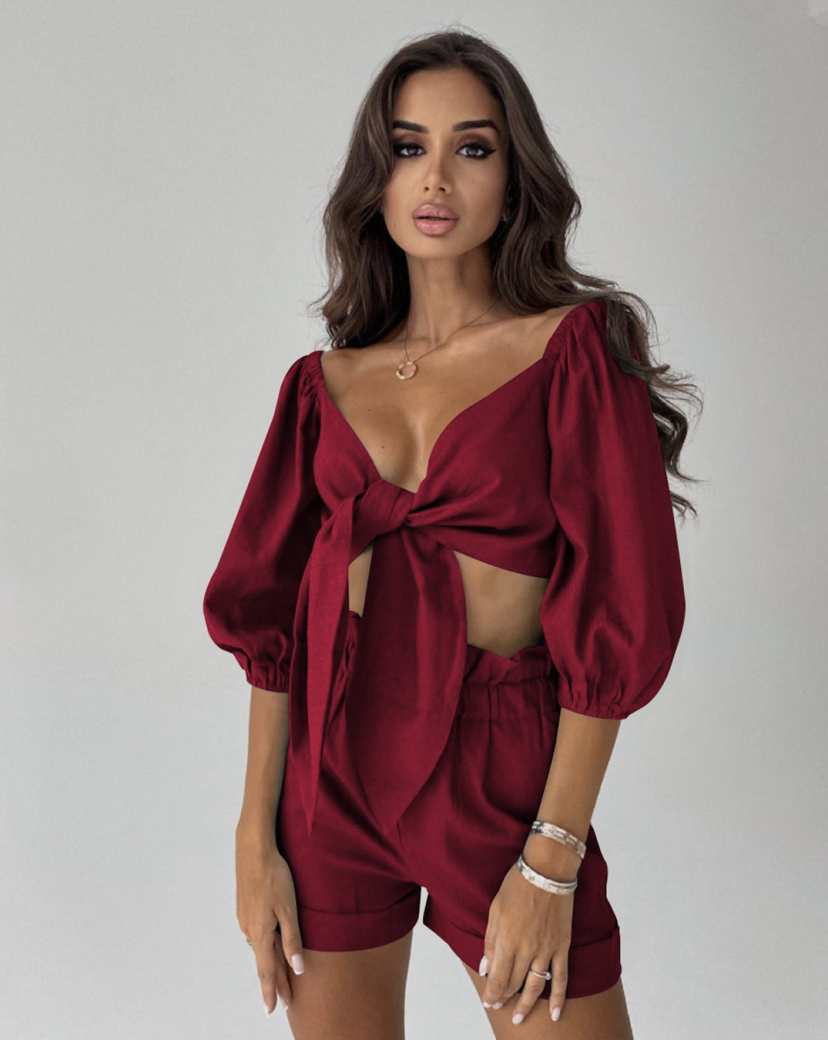 Puff Sleeve Knot Front Solid Color Blouse and Shorts Set
