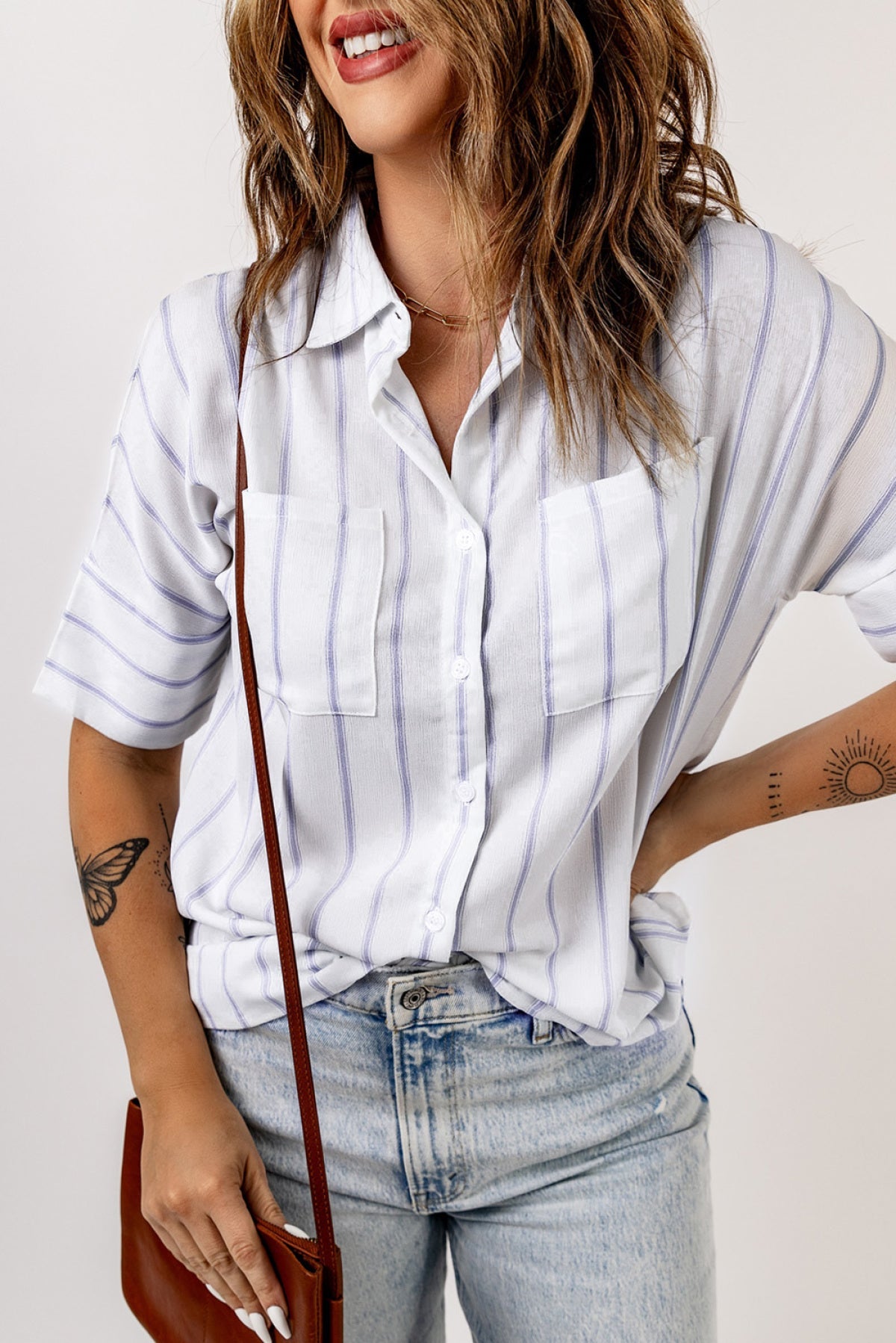 Button Up Collared Pocketed Striped Shirt
