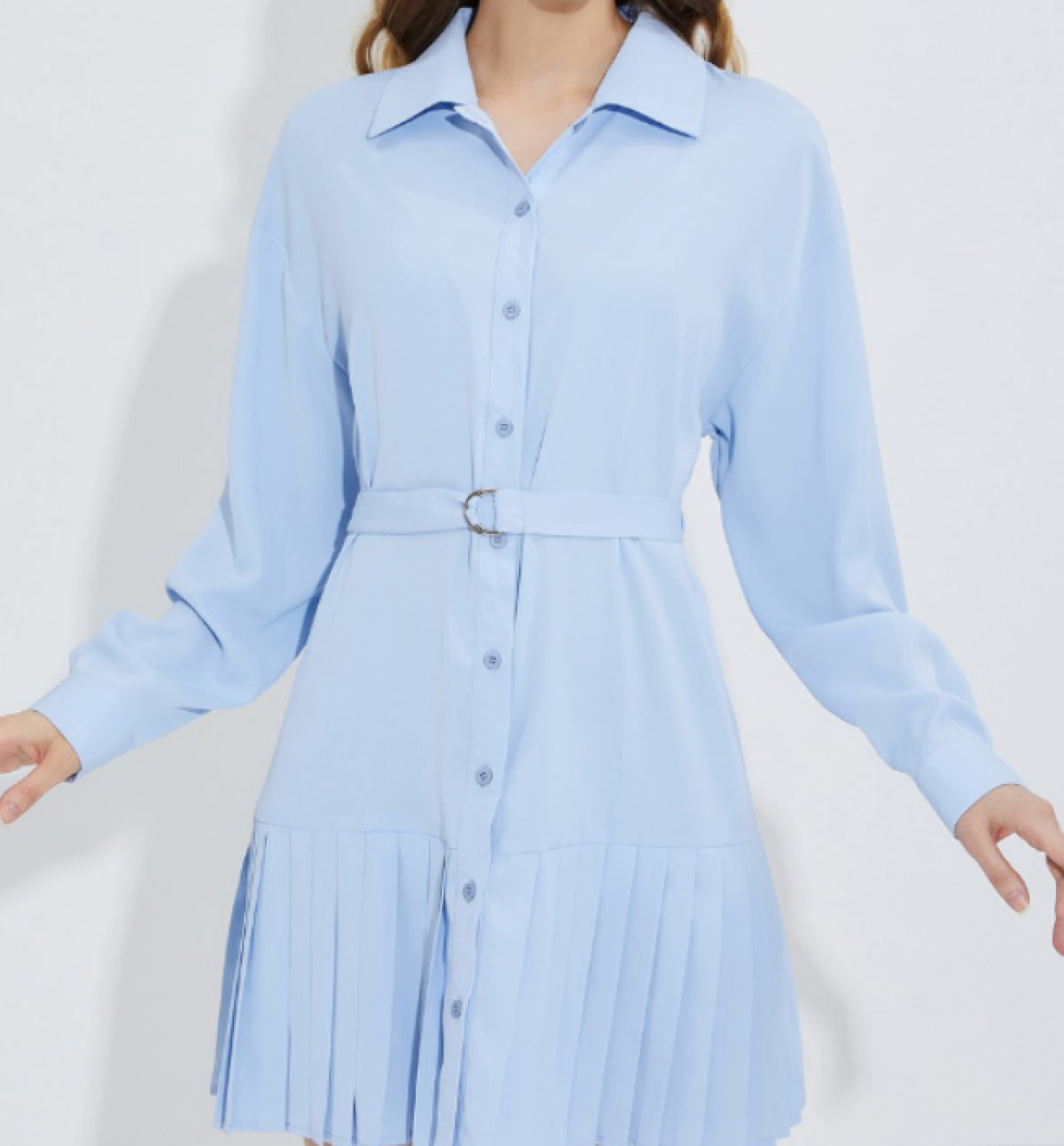 Light Blue Button Down Long Sleeve Shirt Dress with Belt