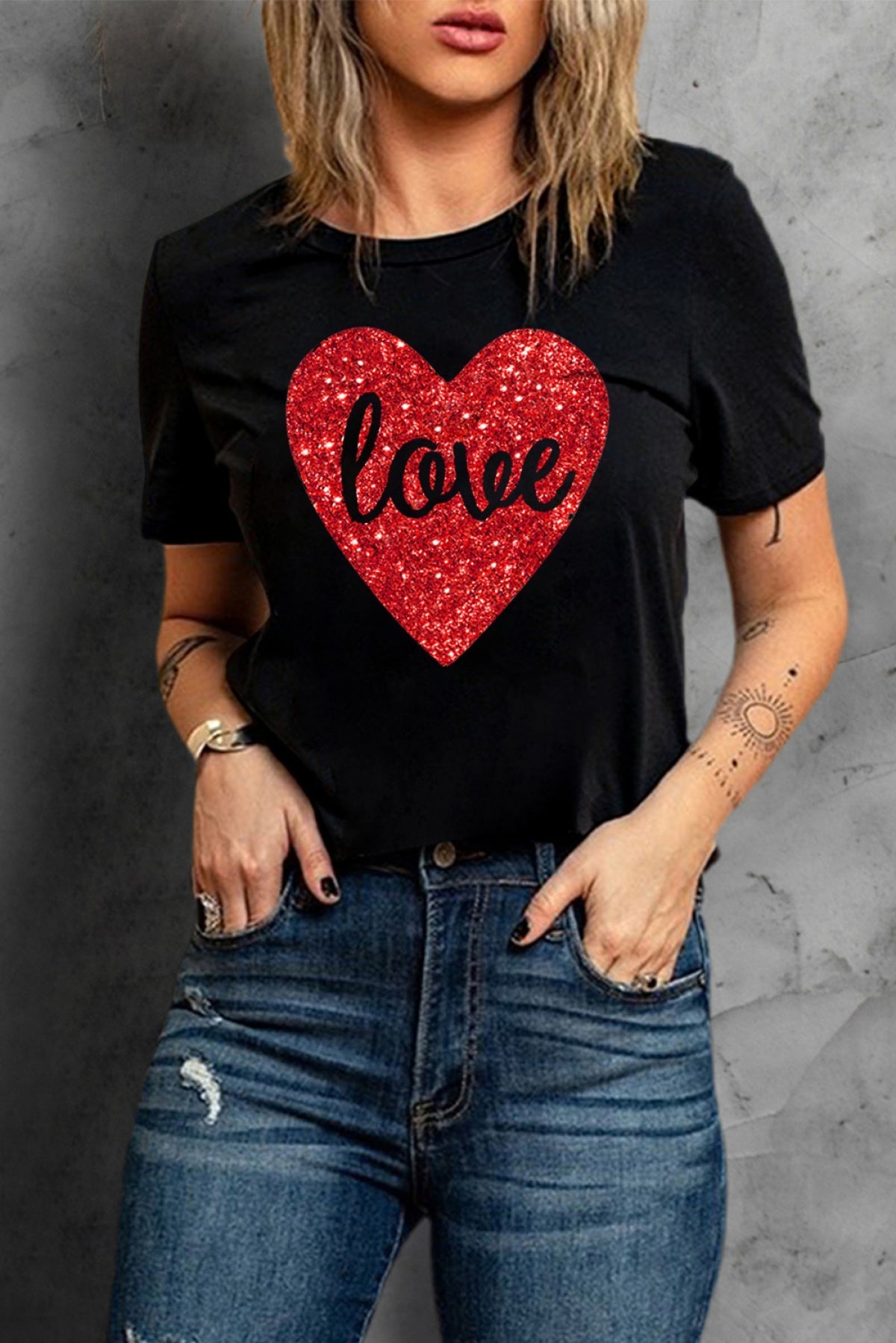 Black Love Heart Shaped Glitter Print Short Sleeve T Shirt