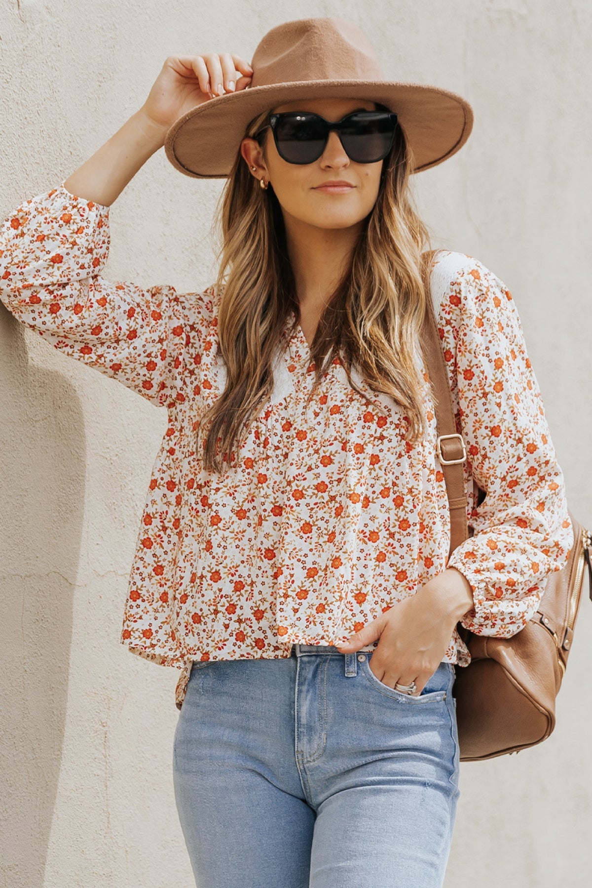Red Floral Print Lace Contrast V Neck Blouse