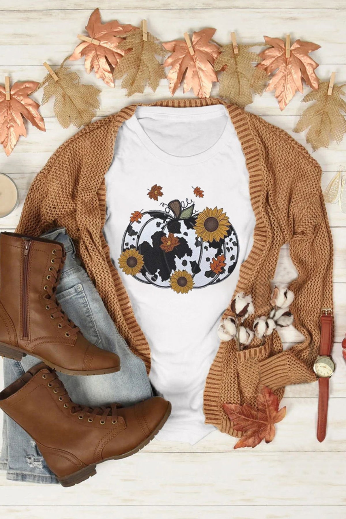 White Cow Pattern Maple Leaf Sunflower T-Shirts