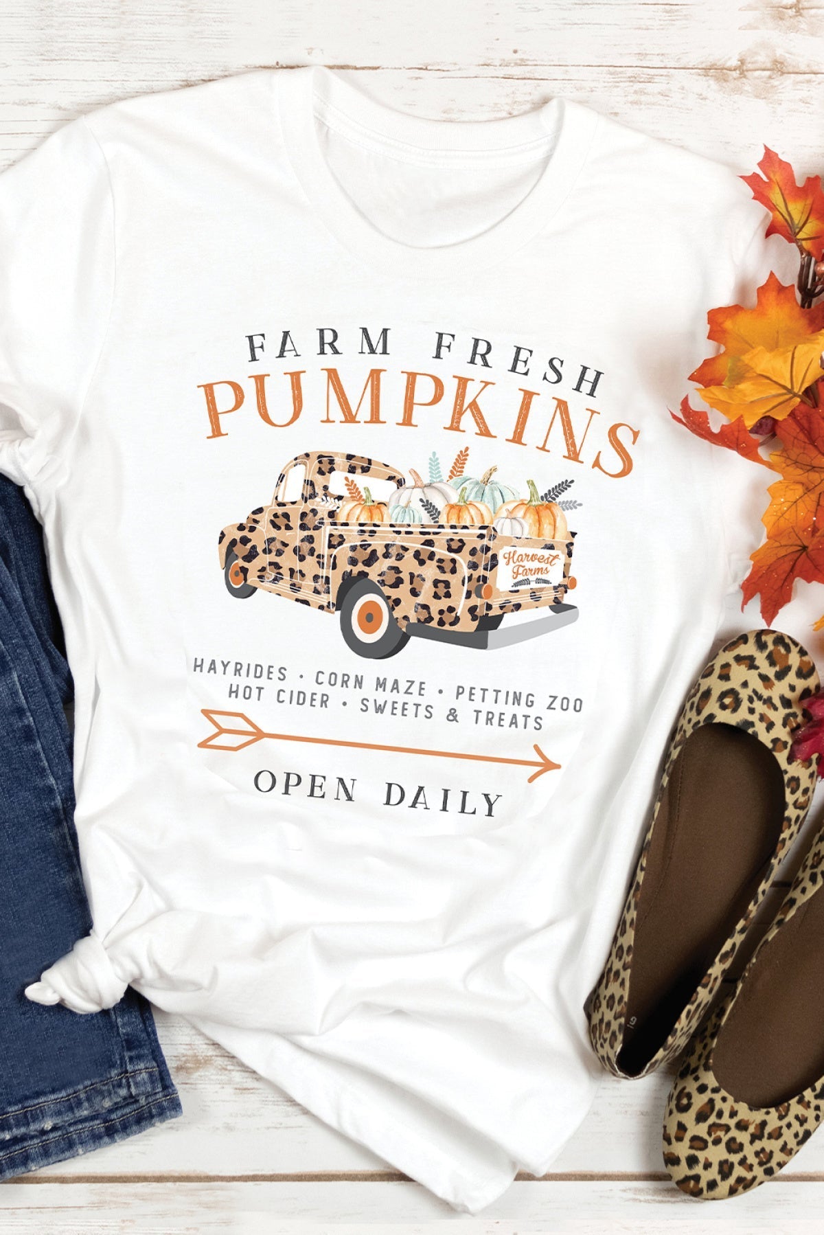 White Fresh Pumpkins Leopard Truck Graphic Tee