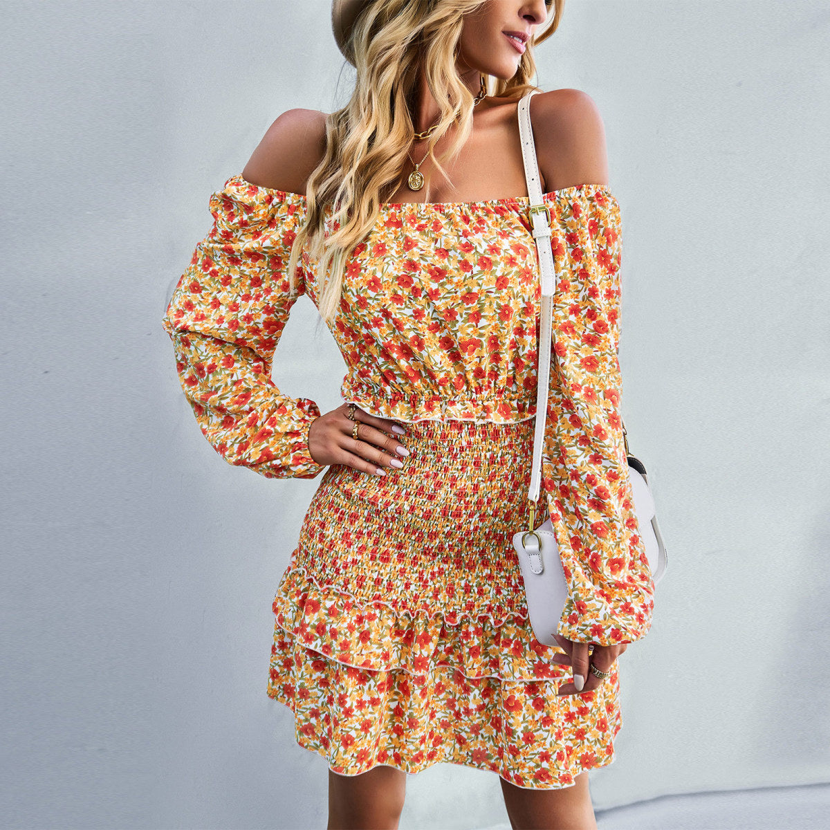 Off-The-Shoulder Lantern Sleeve Tie Waist Tiered Shirred Ditsy Floral Mini Dress