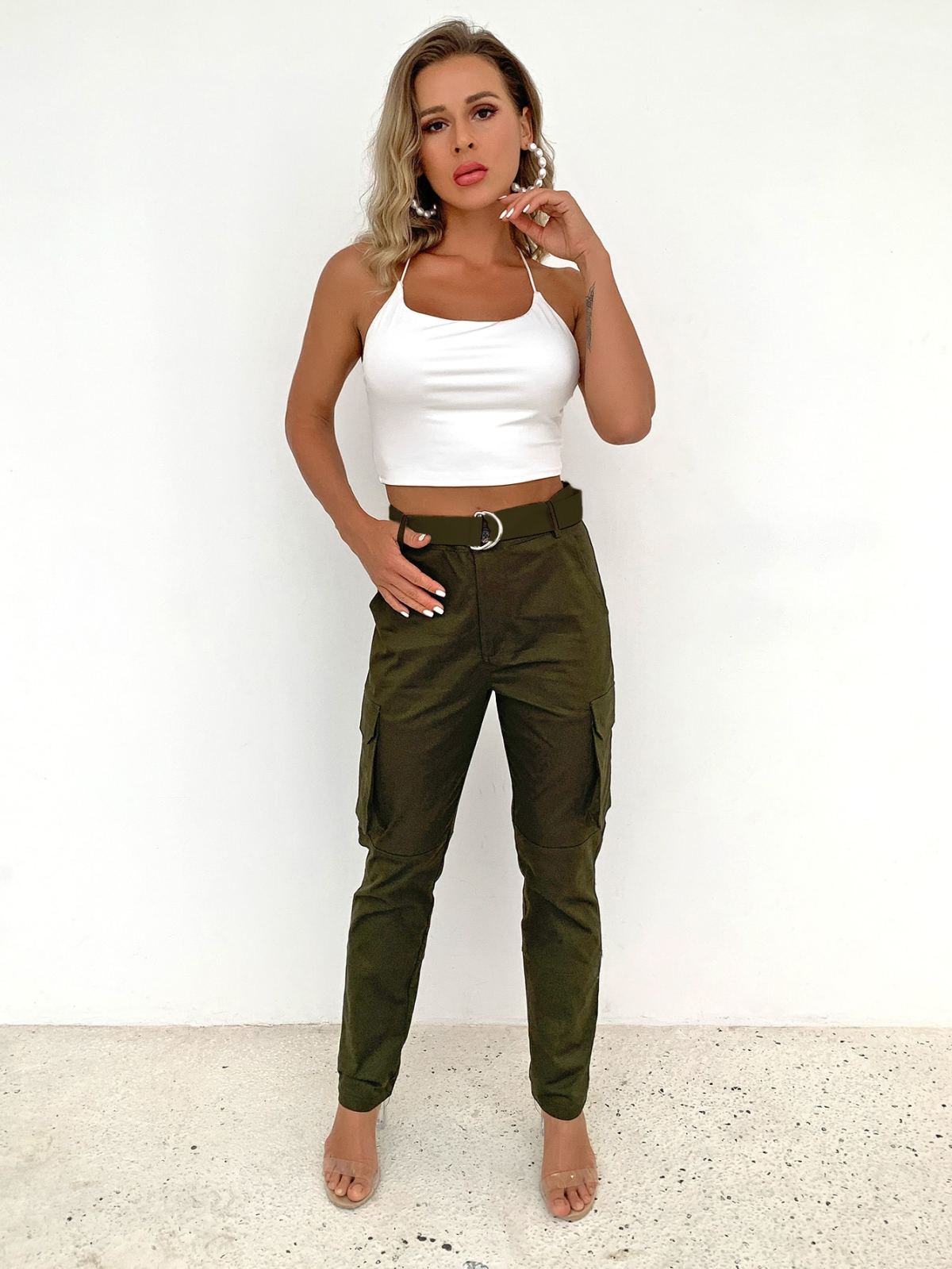 Buckle Belted Solid Cargo Pants