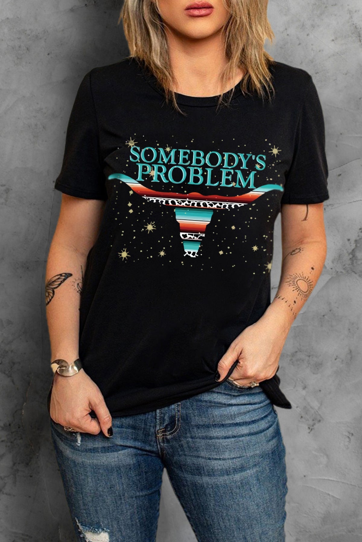 Black Western Cow Star Letter Print Graphic T Shirt