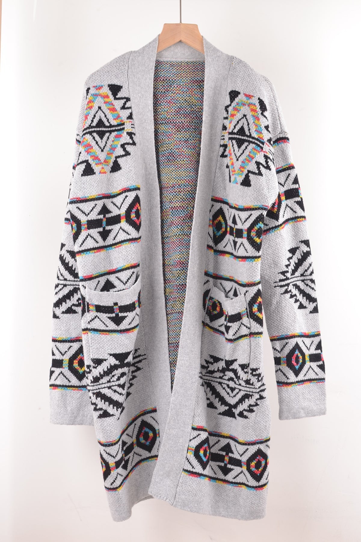 Long Sleeve Geometry Print Sweater Cardigan With Pockets